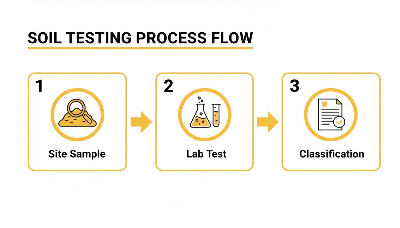 A three-step flowchart illustrating the soil testing process, including site sample, lab test, and classification.