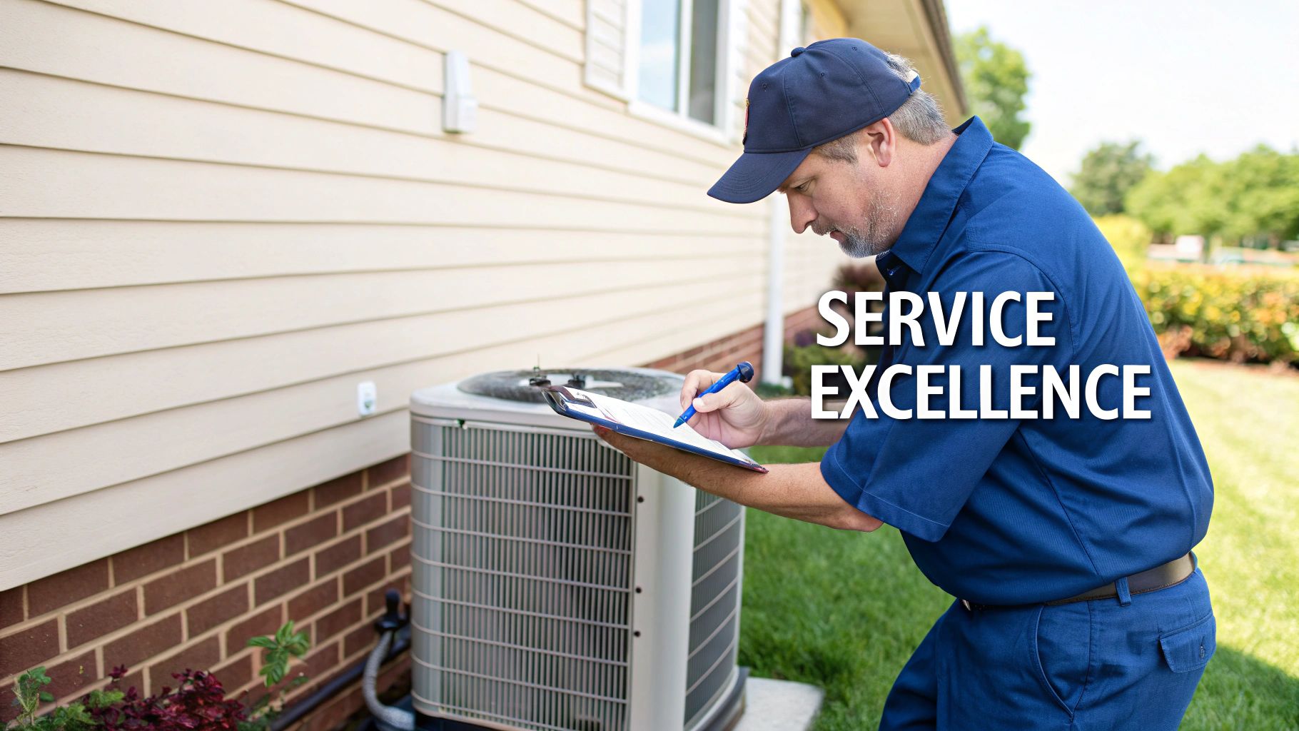 An HVAC technician in a blue uniform inspecting an outdoor air conditioning unit with "SERVICE EXCELLENCE" text.