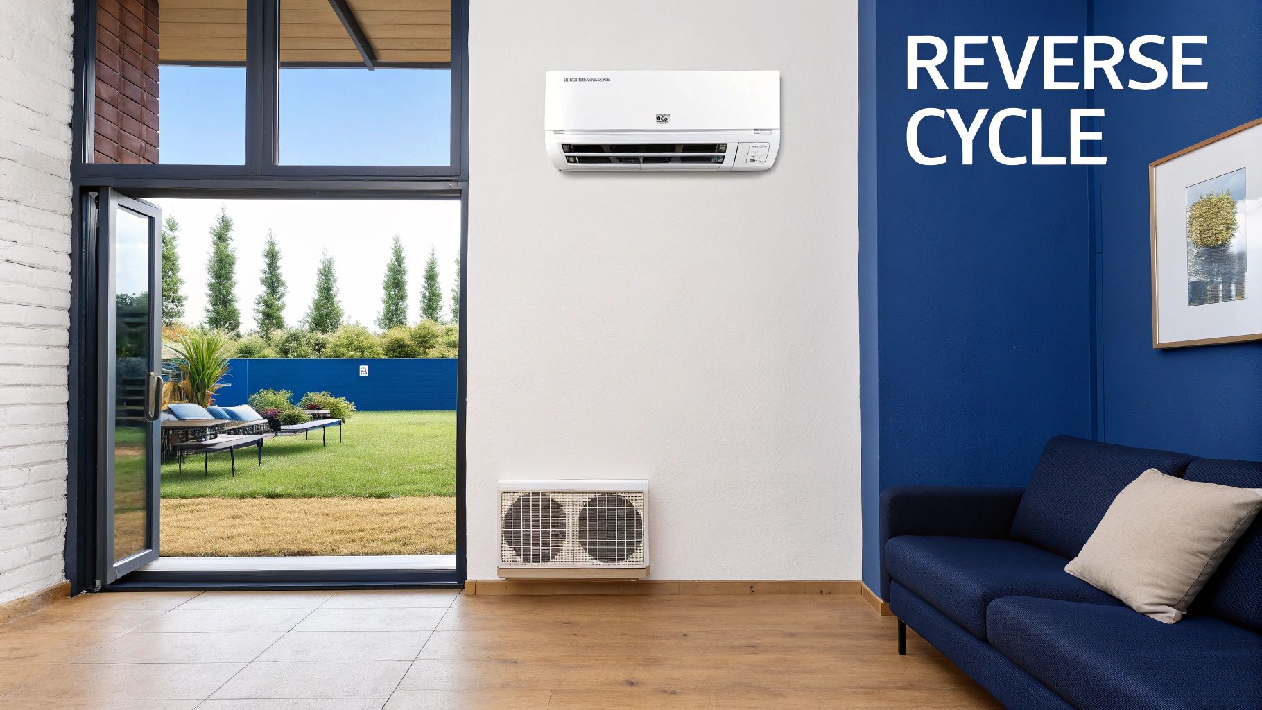 White reverse cycle split system and a floor-level air conditioner in a living room with a garden view.