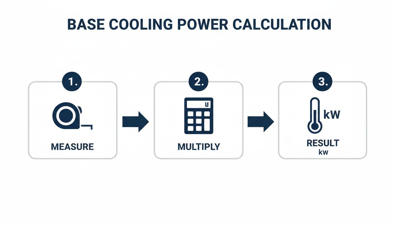 Diagram illustrating a three-step process for base cooling power calculation: measure, multiply, and get the kW result.