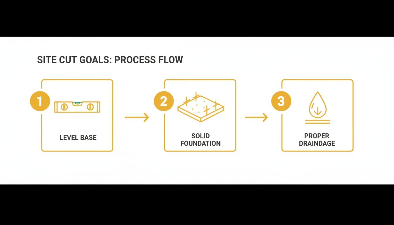 Diagram illustrating three site cut goals: level base, solid foundation, and proper drainage process.
