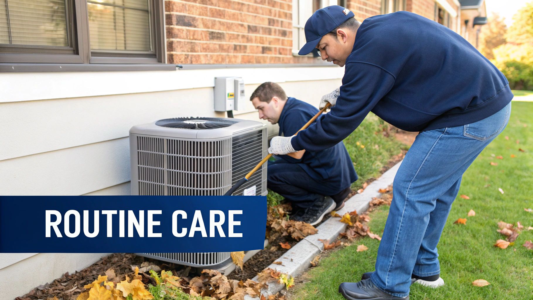 Two HVAC technicians performing routine maintenance on an outdoor air conditioning unit by a house.