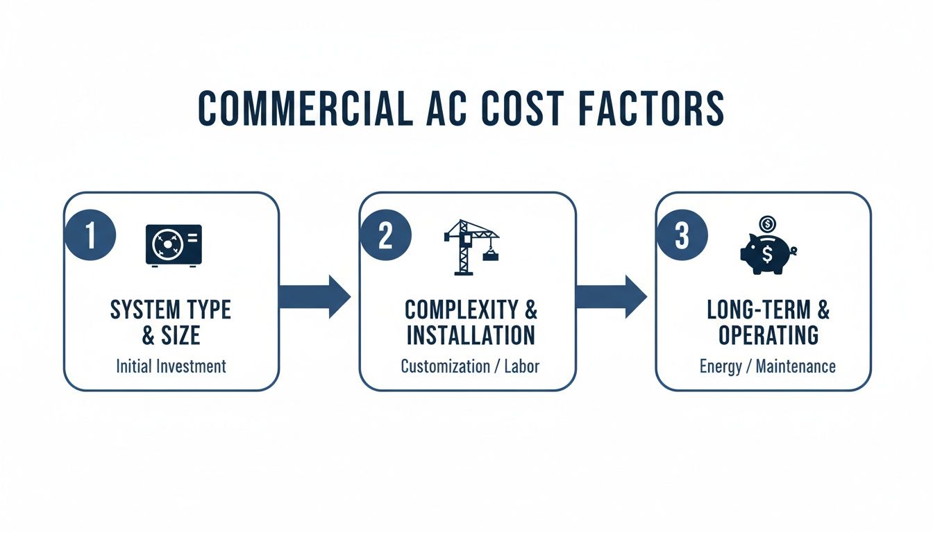 Flowchart detailing commercial AC unit cost factors: system, installation, and long-term operating expenses.