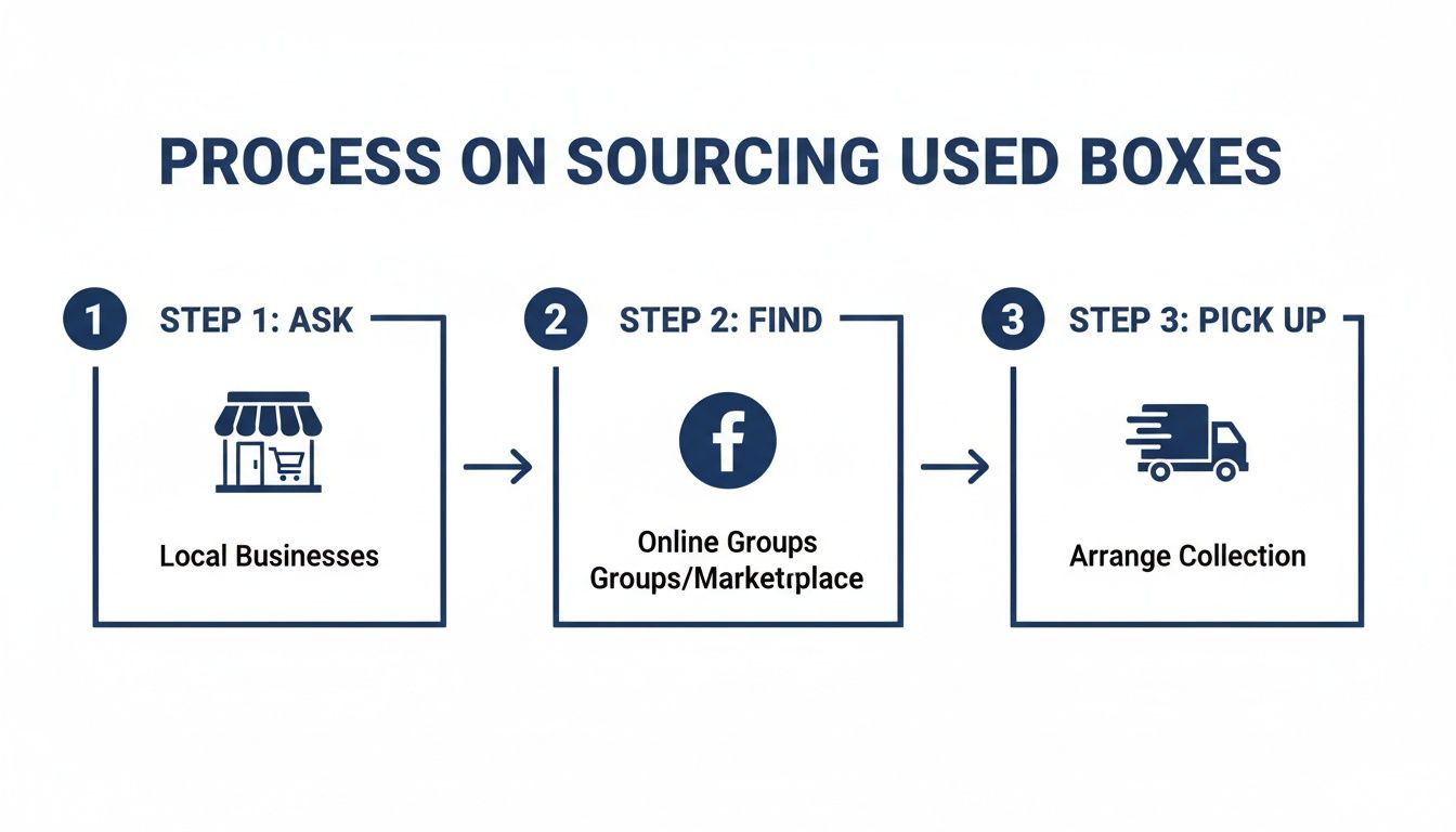 A 3-step infographic showing how to source used boxes: ask local businesses, find online groups, then arrange pickup.