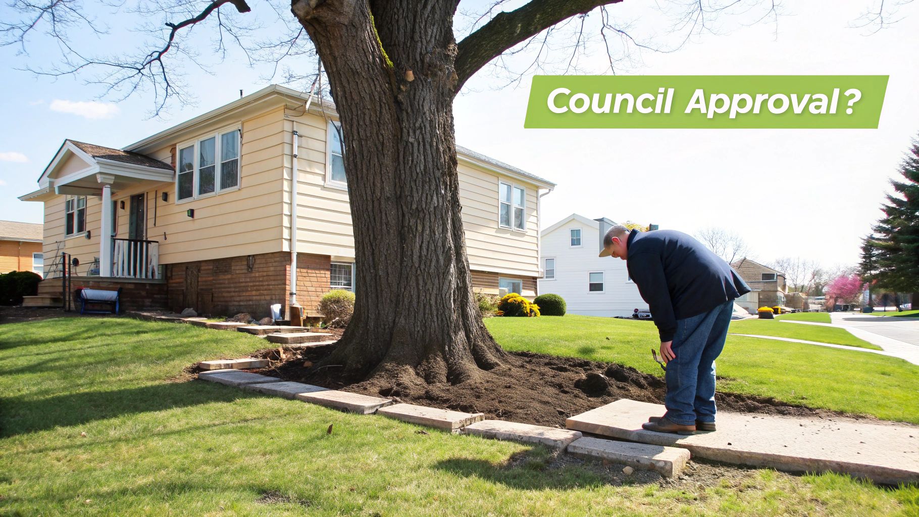 A man in a baseball cap inspecting the base of a large tree next to a sidewalk, with a house in the background.