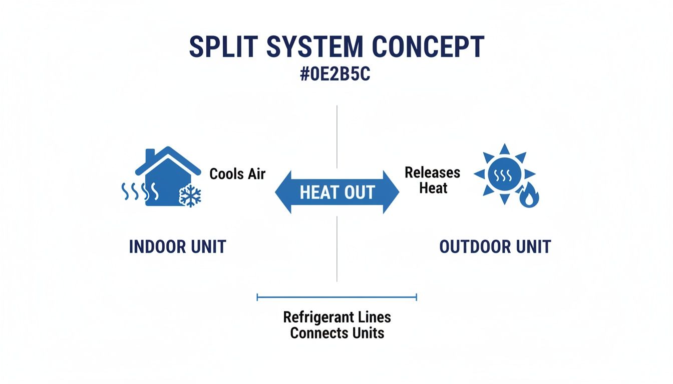 Diagram illustrating a split air conditioning system, showing an indoor unit cooling and an outdoor unit releasing heat.