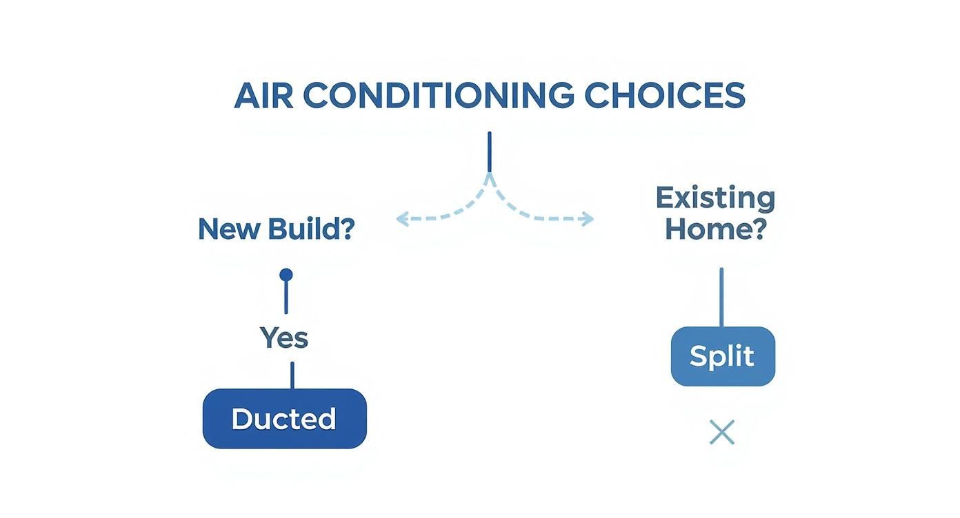 An infographic decision tree helping homeowners decide between ducted and split system air conditioning based on whether they have a new build or an existing home.