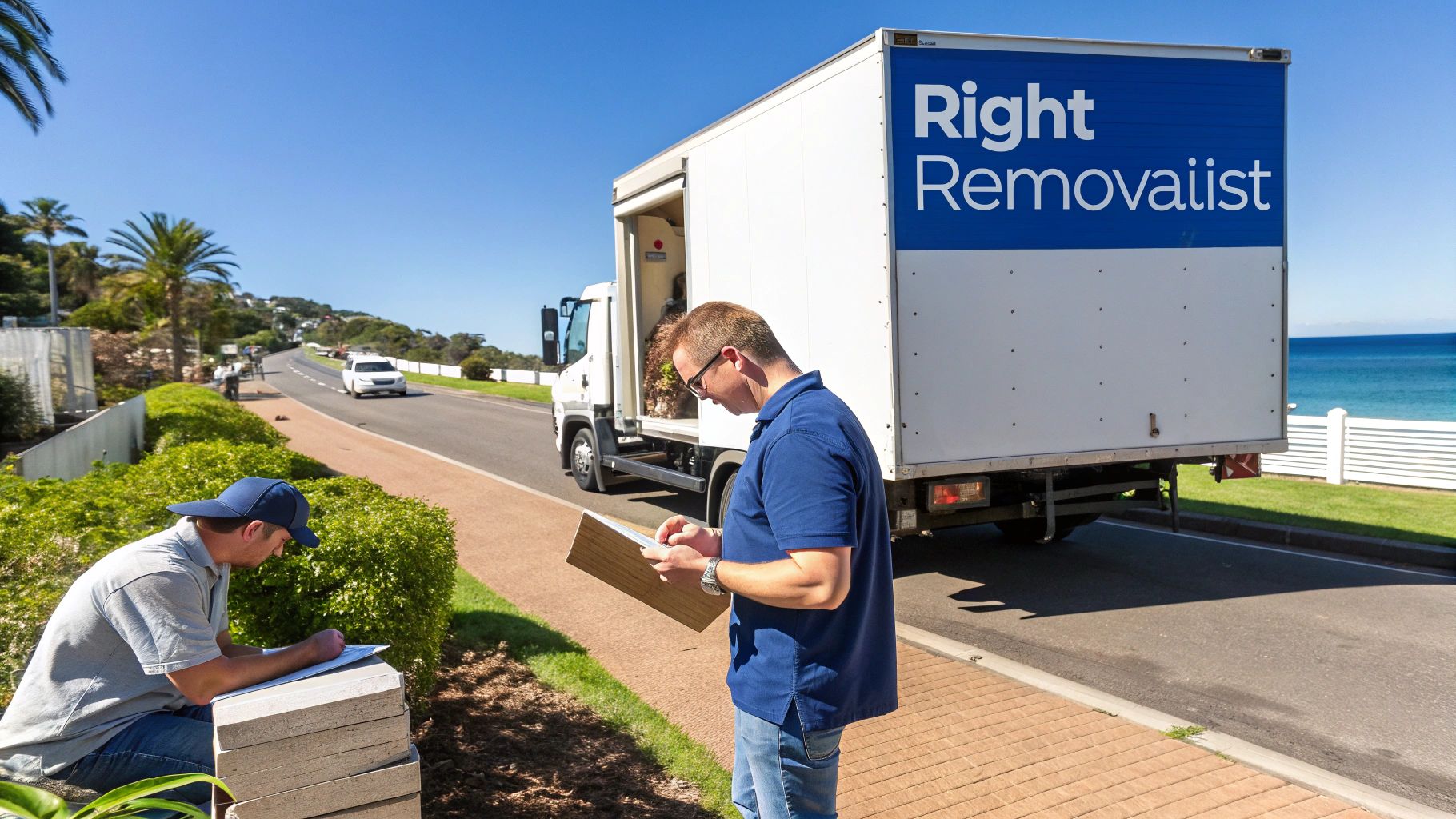 Two men checking documents next to a "Right Removalist" truck on a sunny day with the ocean nearby.