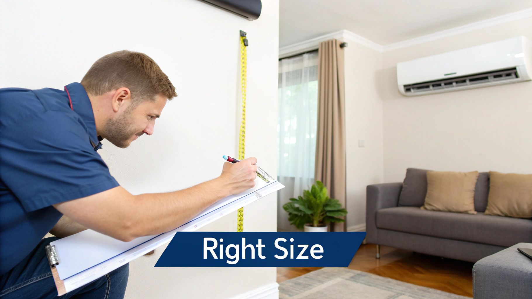 A professional taking measurements for a reverse cycle split system air conditioner in a modern living room.
