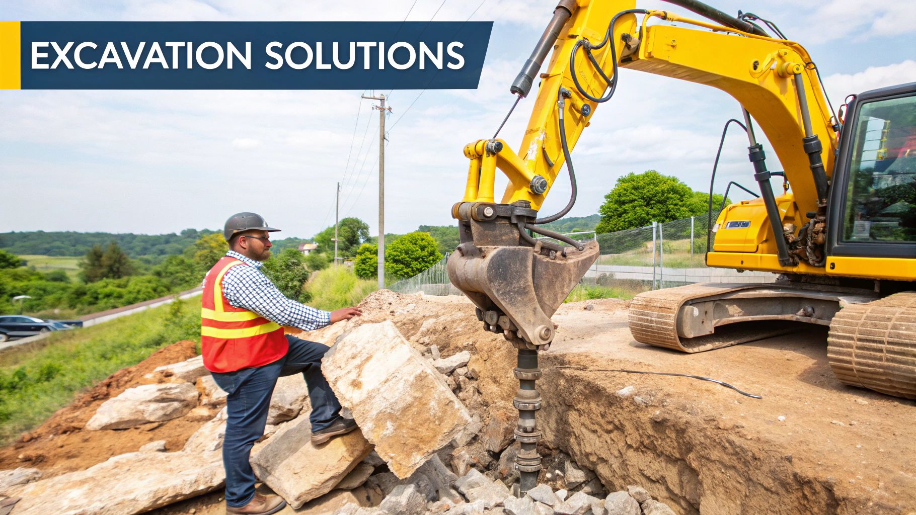 Construction worker observes an excavator with a hydraulic hammer breaking rocks on an excavation site.