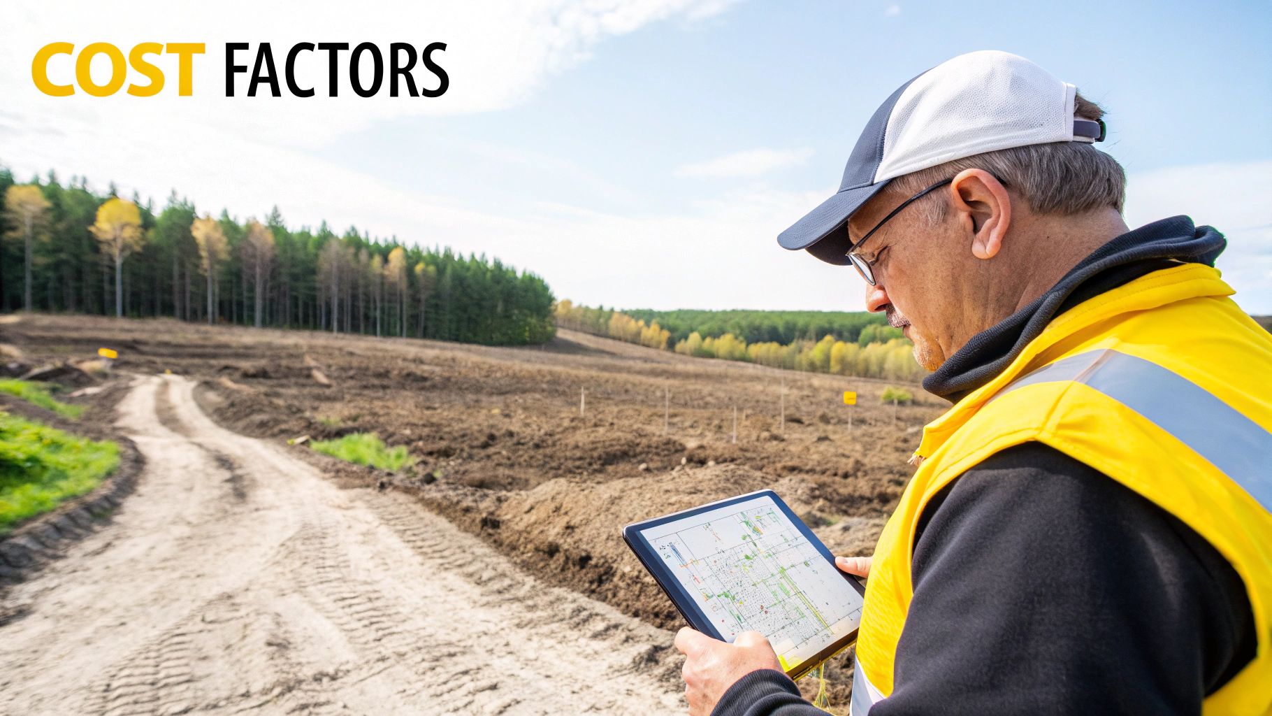 Construction worker reviewing digital site plans on tablet at forestry mulching project location