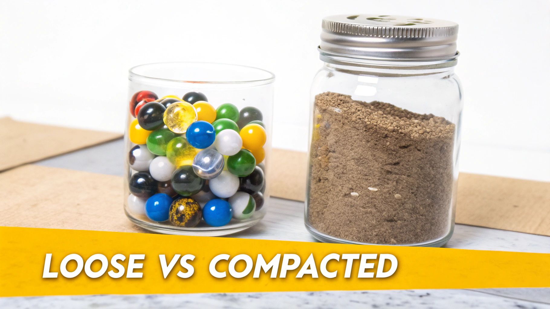 Two transparent containers compare loose marbles and compacted granular material, illustrating density differences.