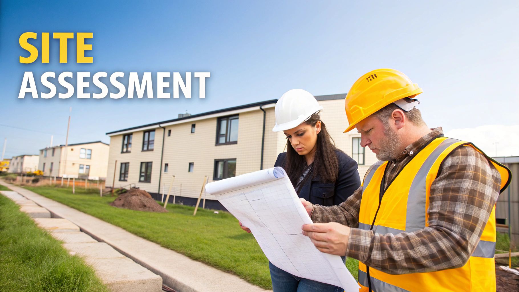 Two construction workers in hard hats review building plans at a residential construction site.