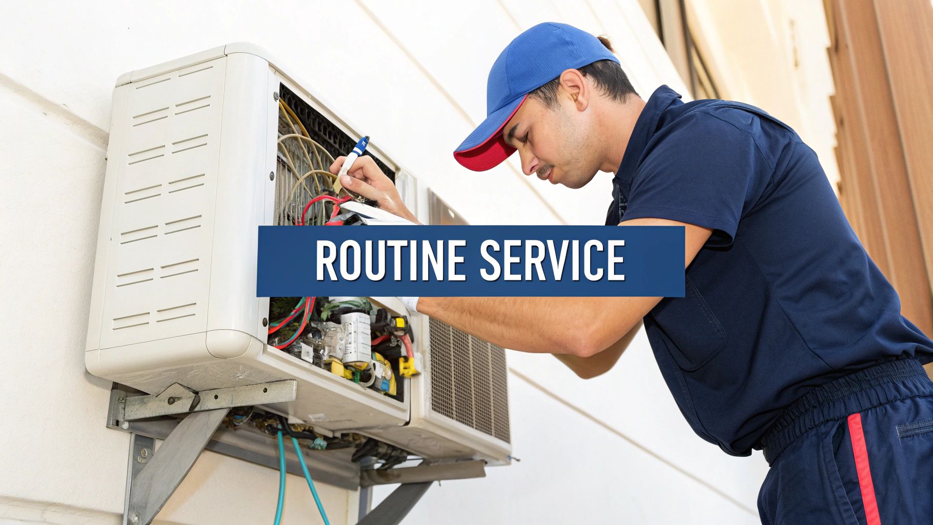A technician in a blue uniform and cap performs routine service on an outdoor air conditioning unit.