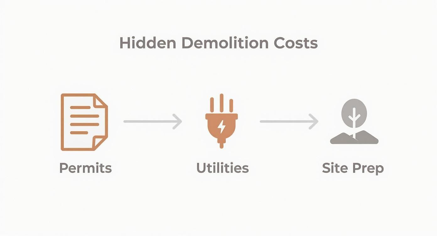 A diagram illustrating hidden demolition costs, covering permits, utilities, and site preparation.
