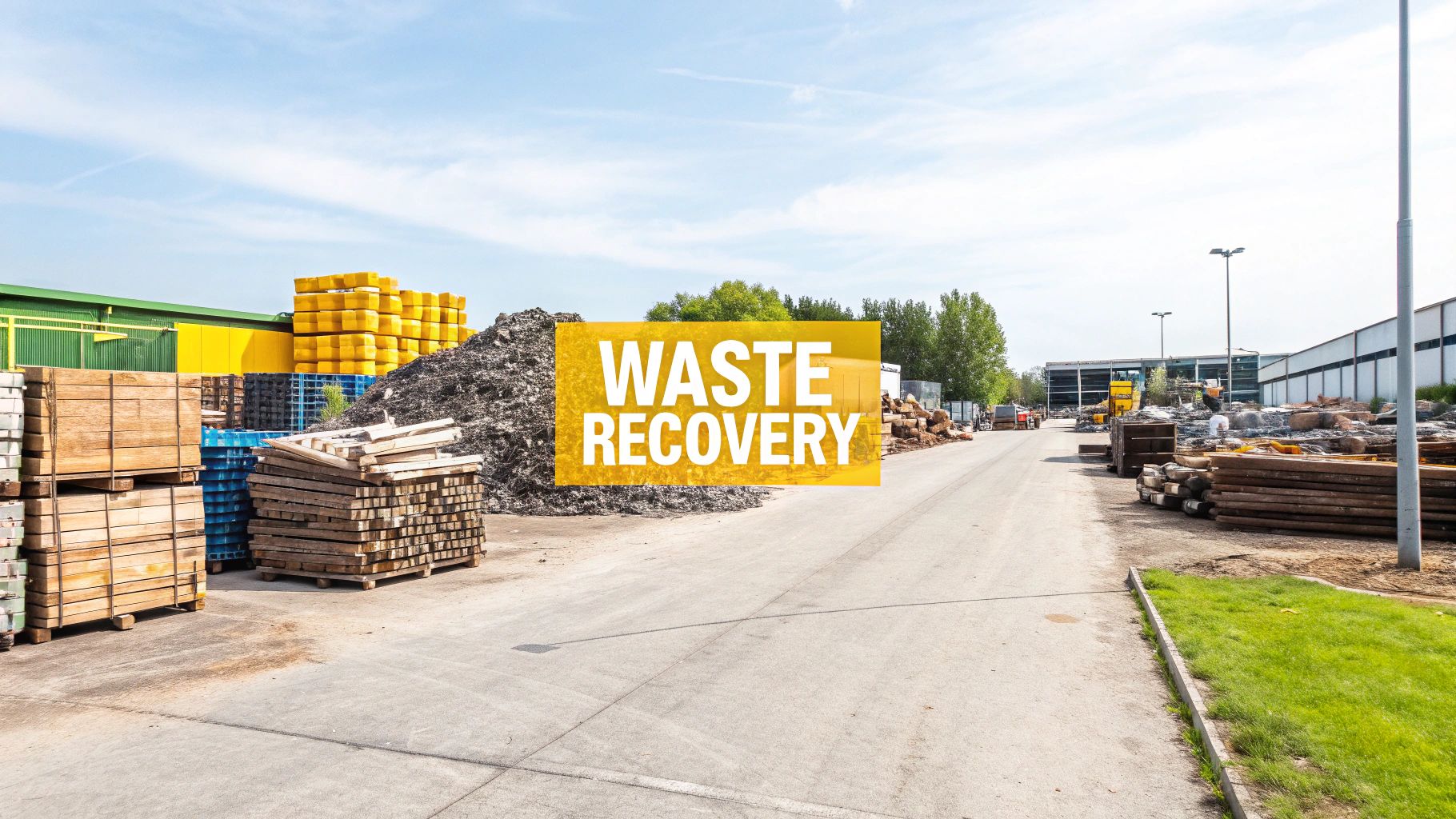 Recycling bins on a construction site, symbolising waste management in demolition.