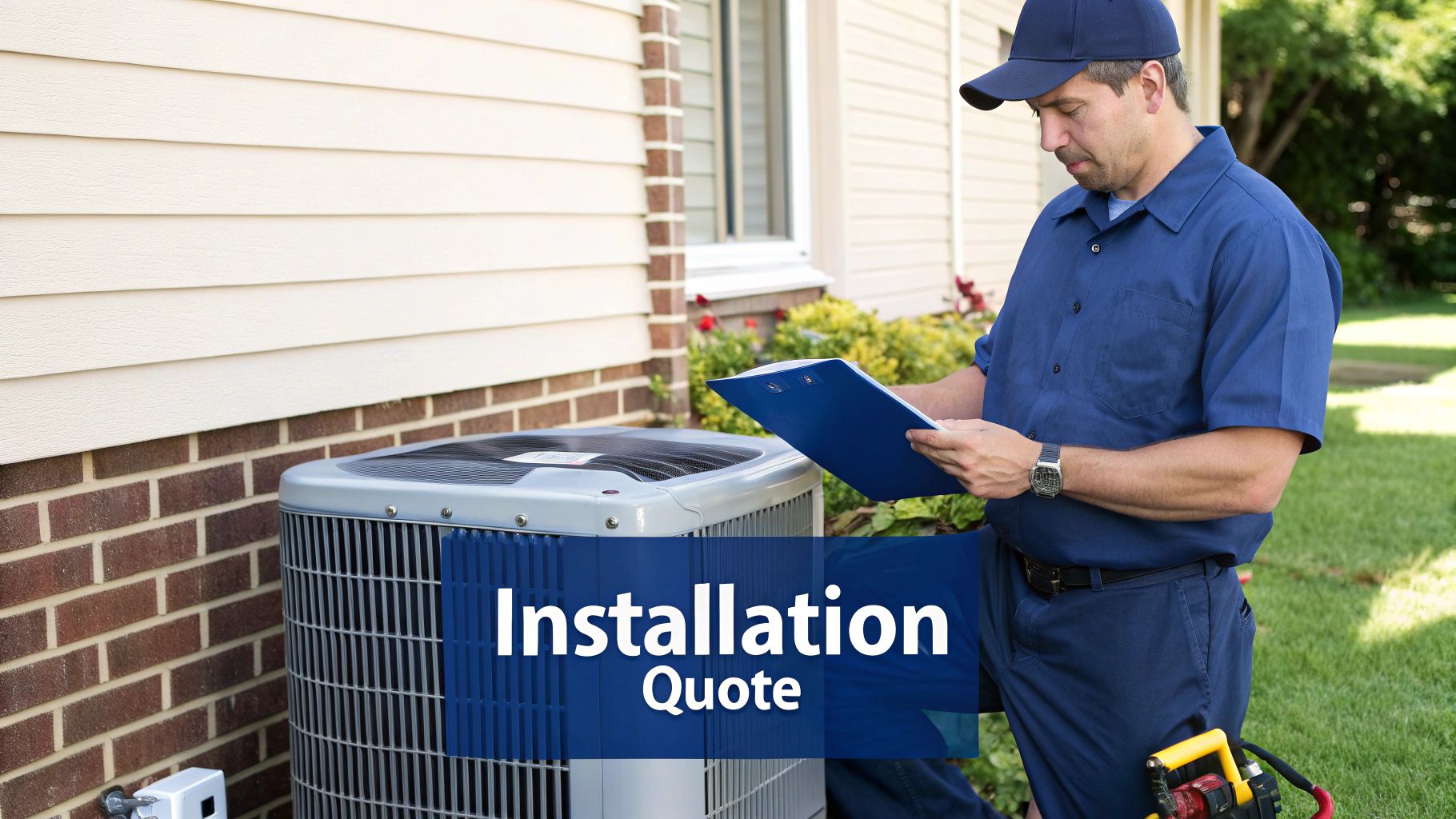 An HVAC technician in a blue uniform evaluates an outdoor air conditioner with a clipboard for an installation quote.