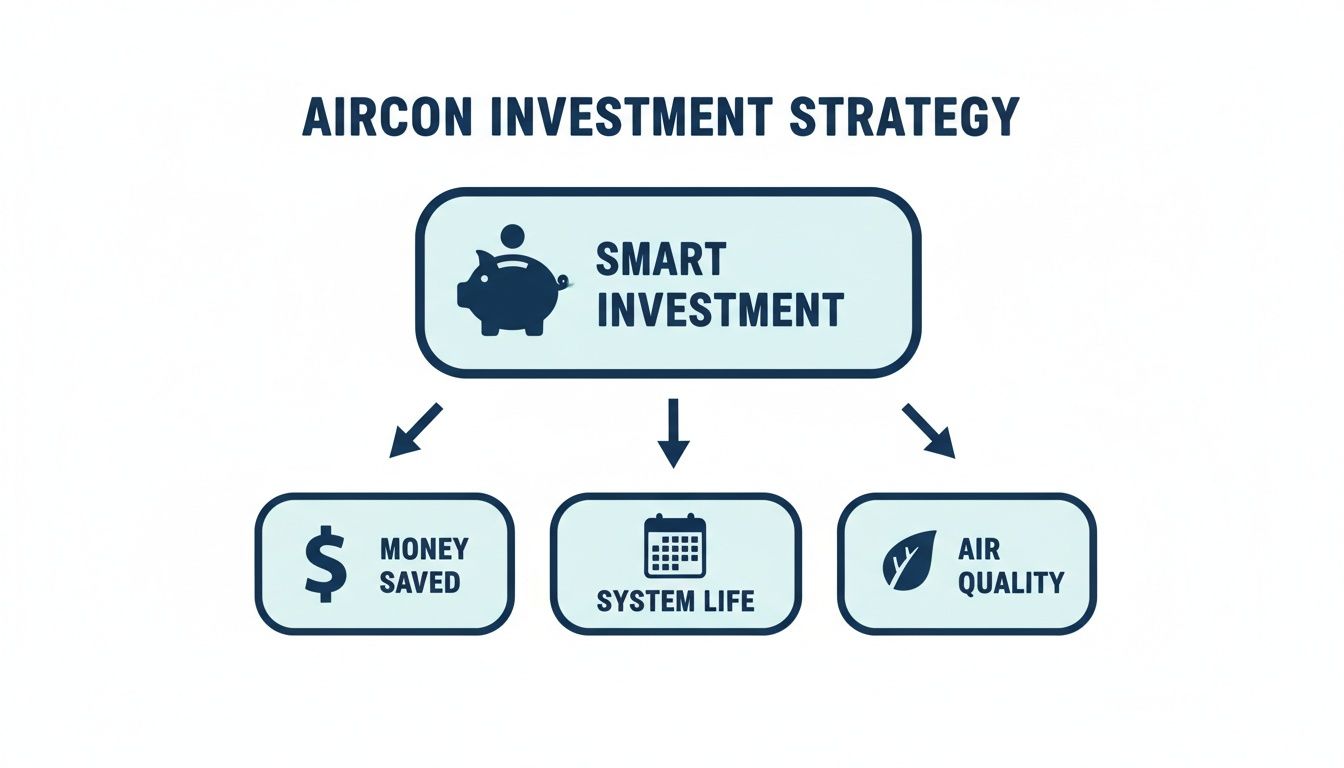 Flowchart shows aircon smart investment benefits: money saved, longer system life, and improved air quality.