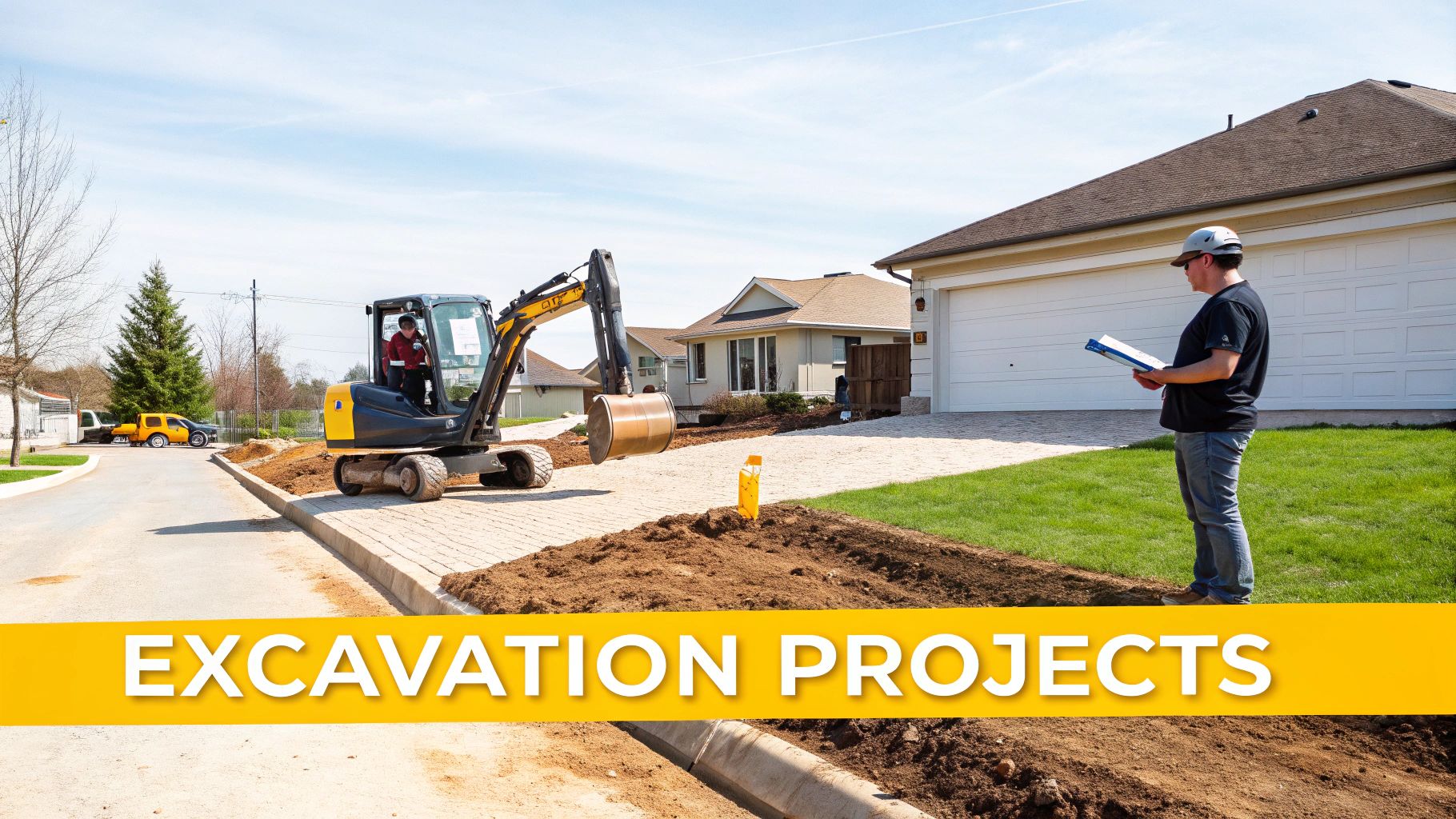 Construction workers operating an excavator during a residential excavation project under a clear sky.