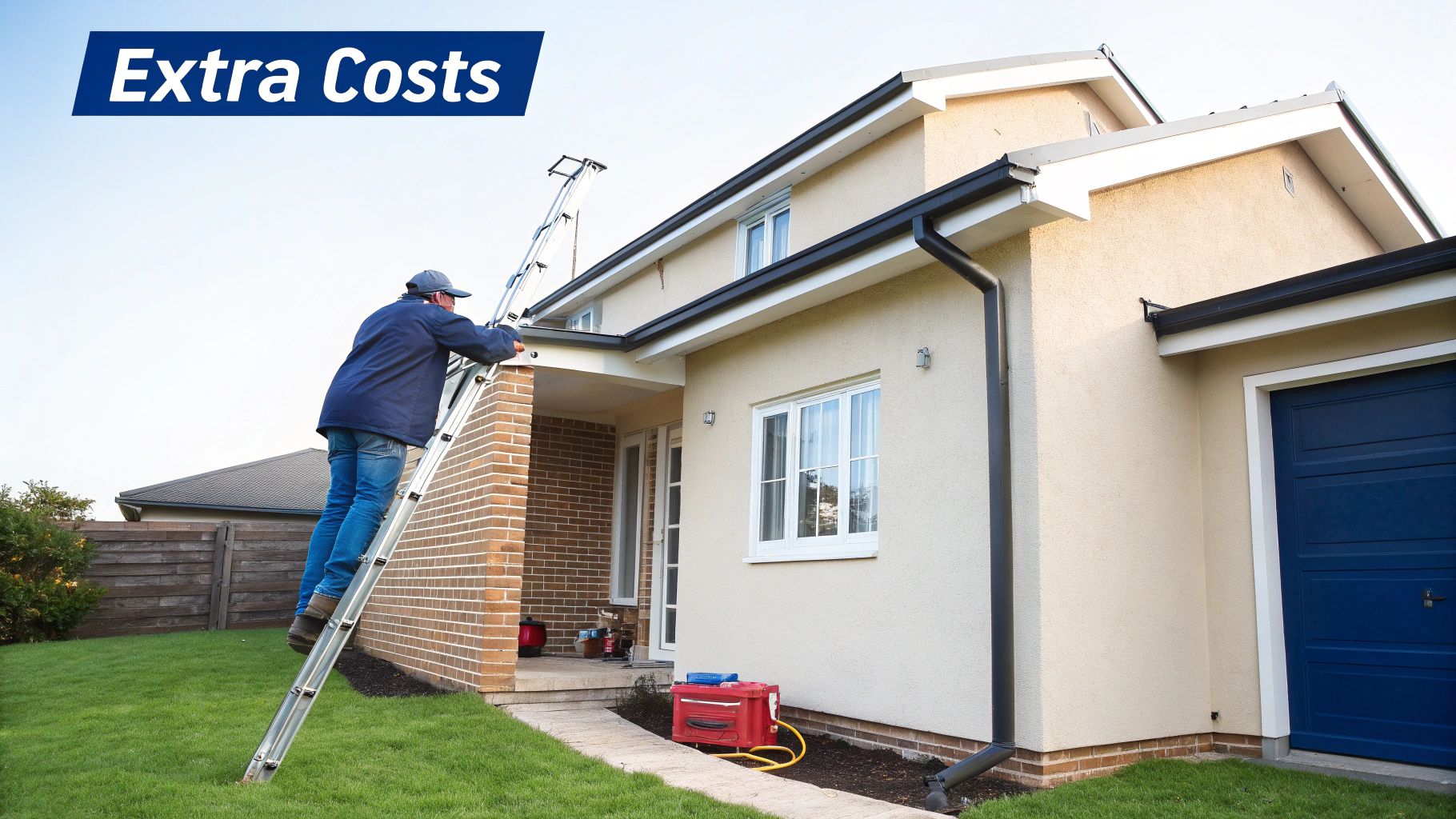 A man on a ladder performing gutter repair or maintenance on a house, indicating extra costs.