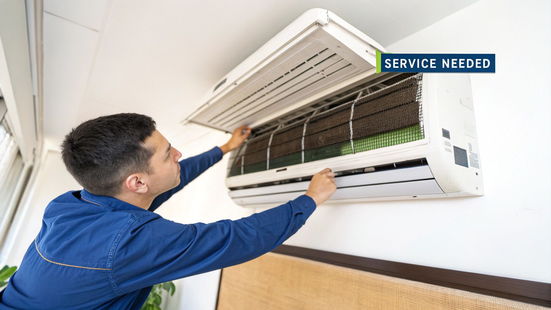 A technician inspecting a wall-mounted air conditioning unit with dirty filters and a 'SERVICE NEEDED' sign.