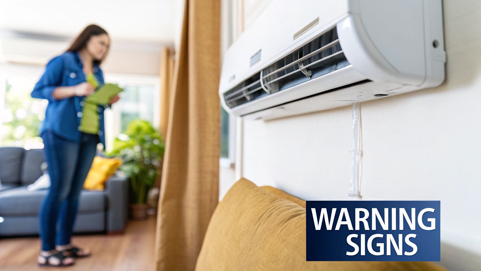 Wall-mounted air conditioner leaking water down a white wall, with a woman observing.