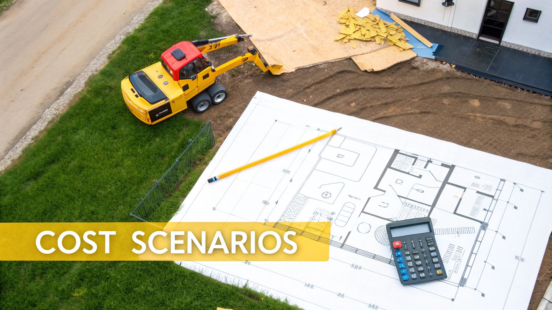 Aerial view of a construction site with an excavator, building plans, a calculator, and a pencil, illustrating cost scenarios.