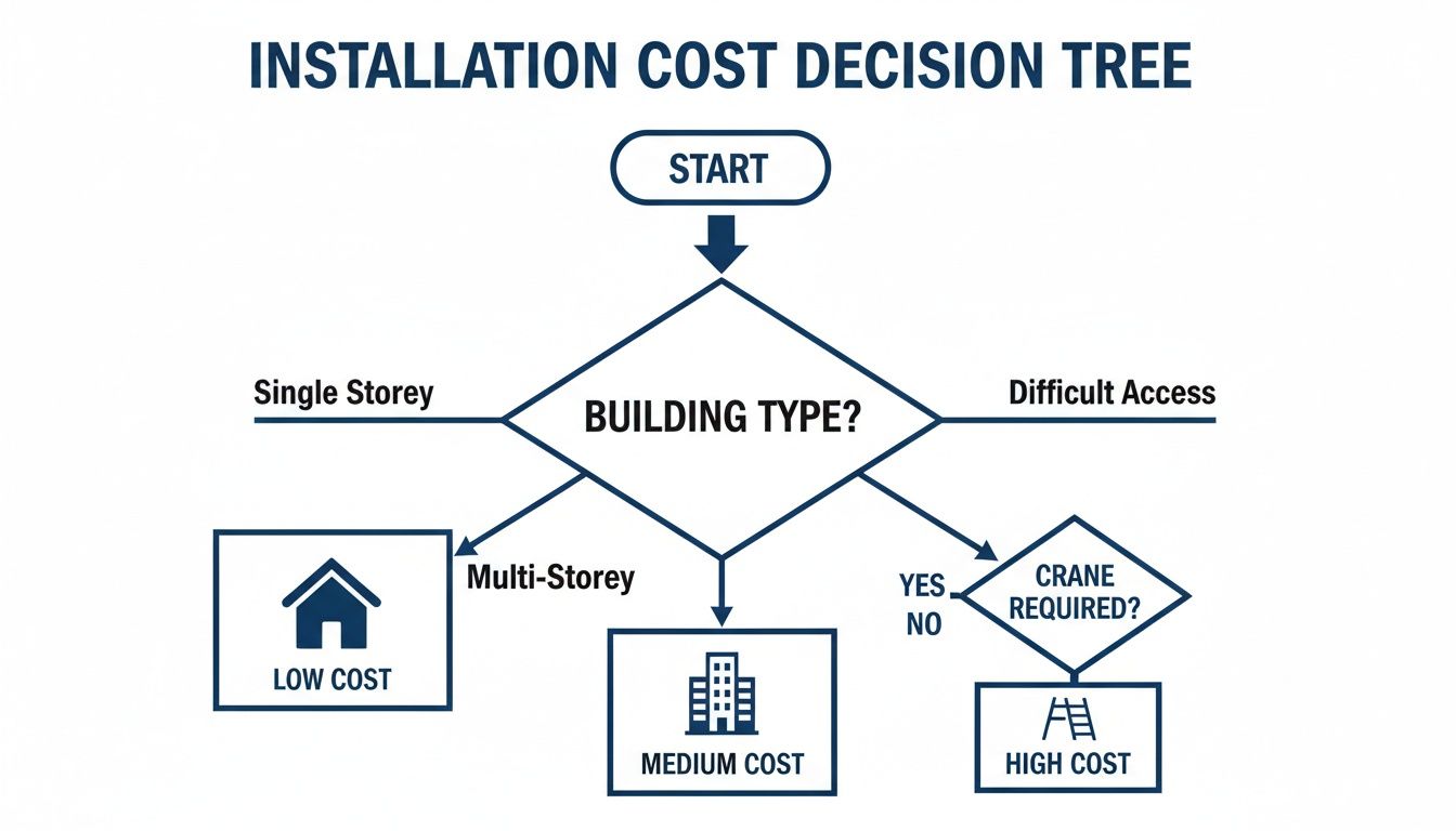 Decision tree illustrating installation costs based on building type: single-storey, multi-storey, or difficult access.