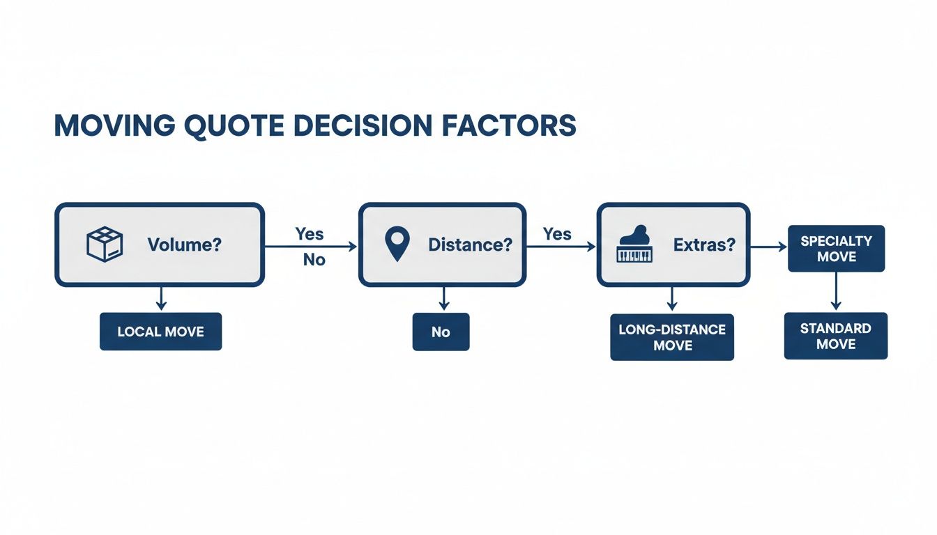Flowchart illustrating moving quote decision factors based on volume, distance, and extra services.