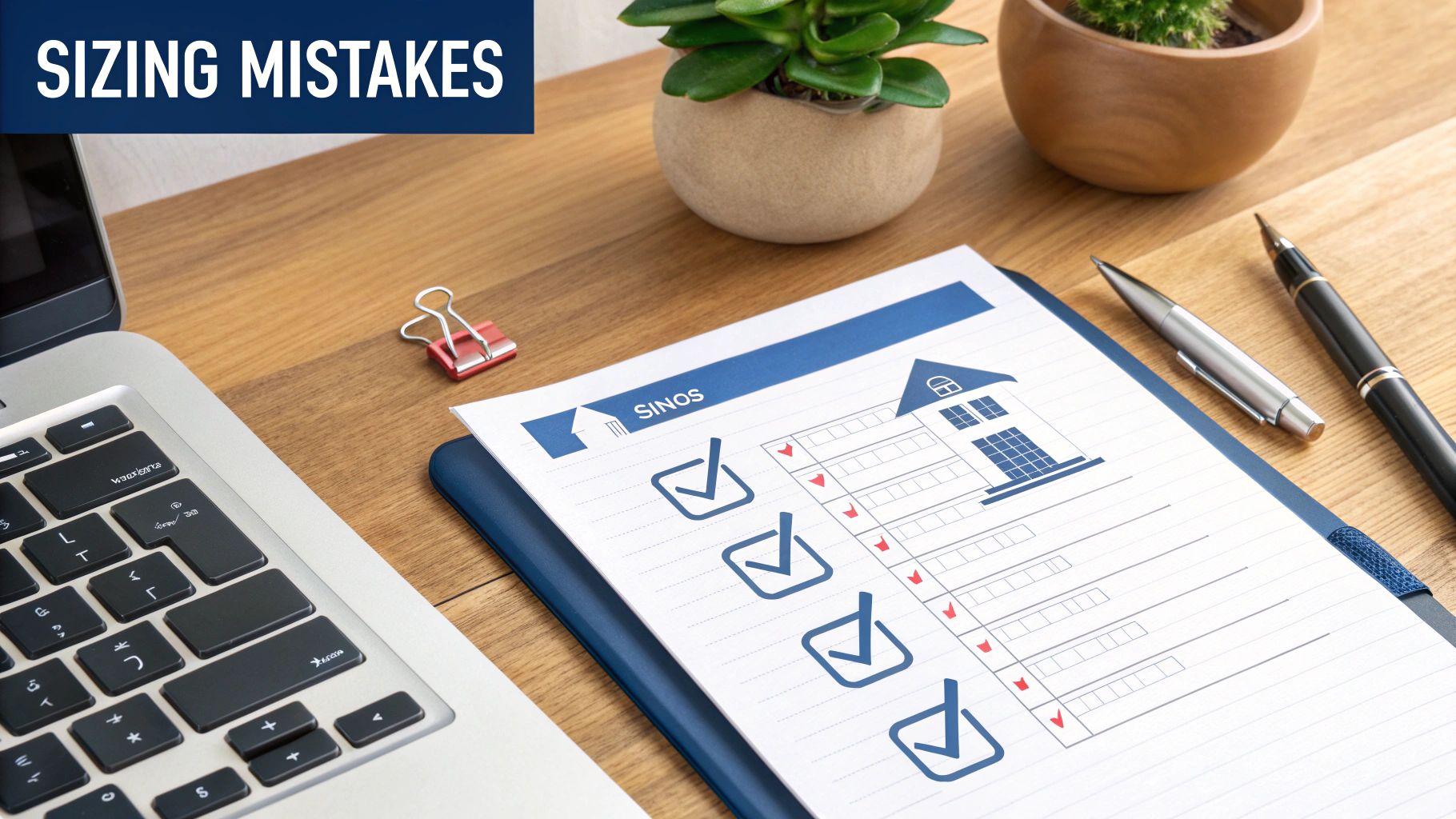 Desk with 'Sizing Mistakes' text, a house checklist, laptop, pens, and potted plants.