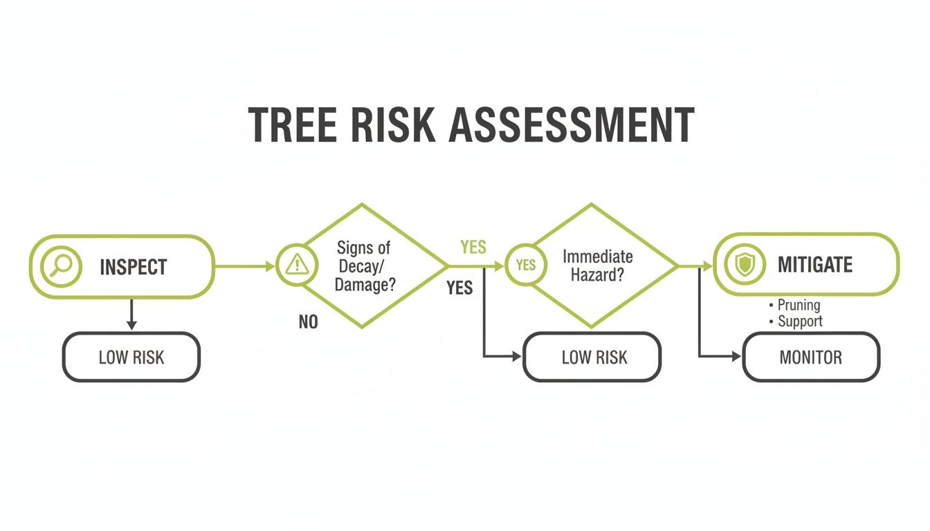 A flowchart illustrating the tree risk assessment process, from inspection to mitigation and monitoring.
