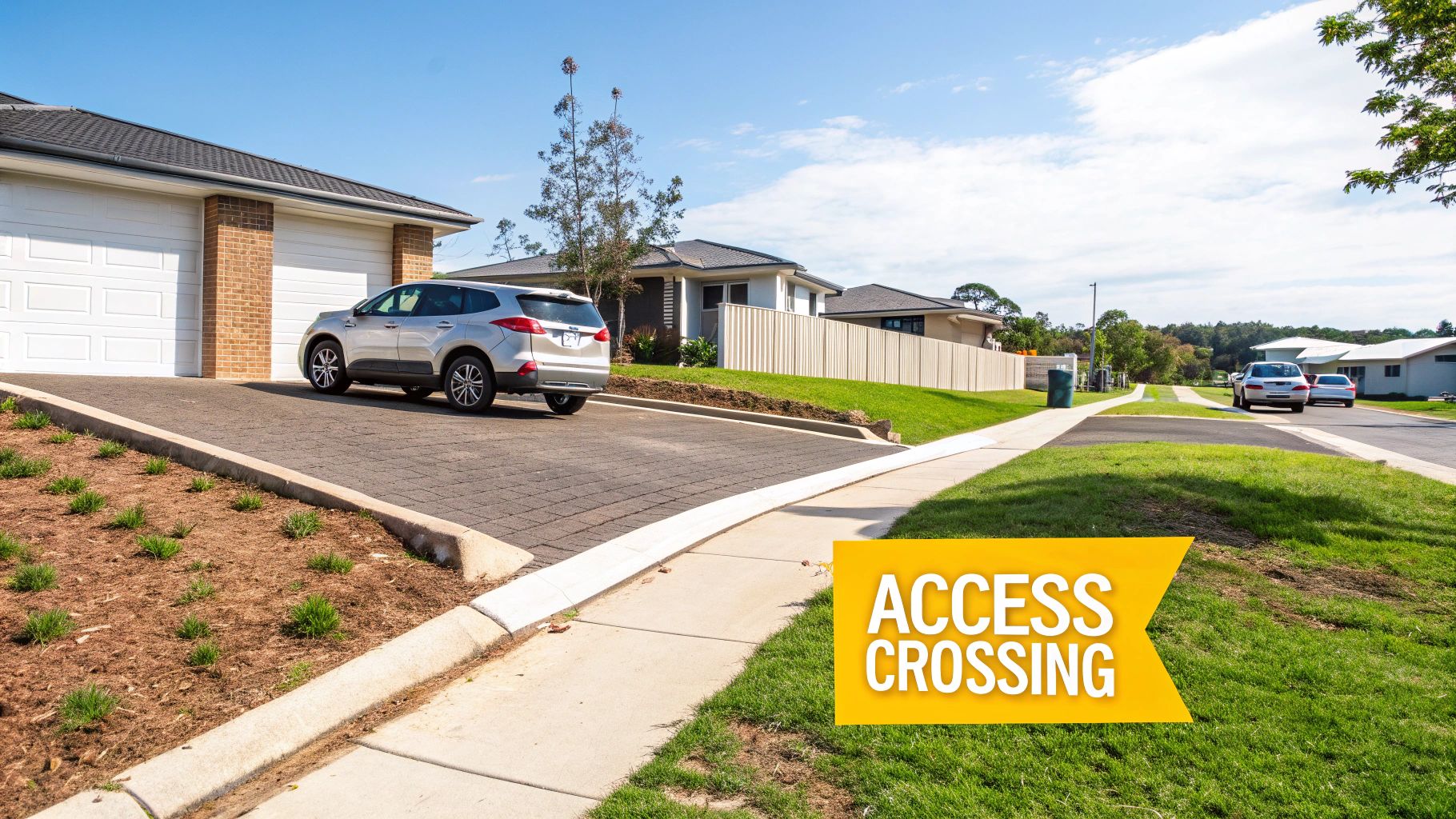 A silver SUV on a paved driveway of a new house, alongside a street with an 'ACCESS CROSSING' sign.