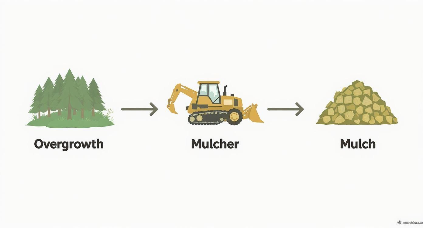Forestry mulching process diagram showing overgrowth transformation through mulcher equipment into mulch material