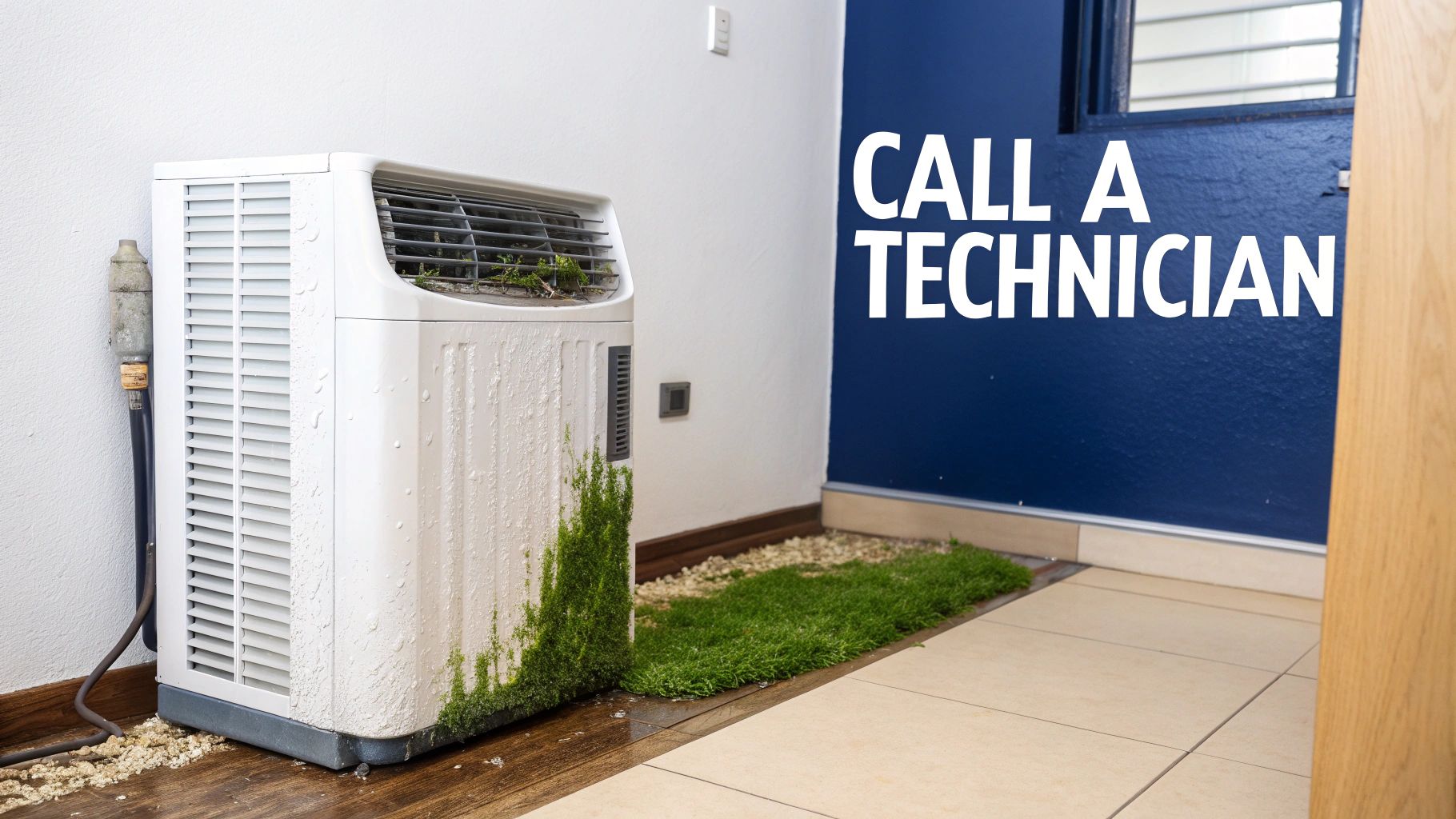Dirty and leaking air conditioner unit covered in moss, with text 'CALL A TECHNICIAN' on a blue wall.