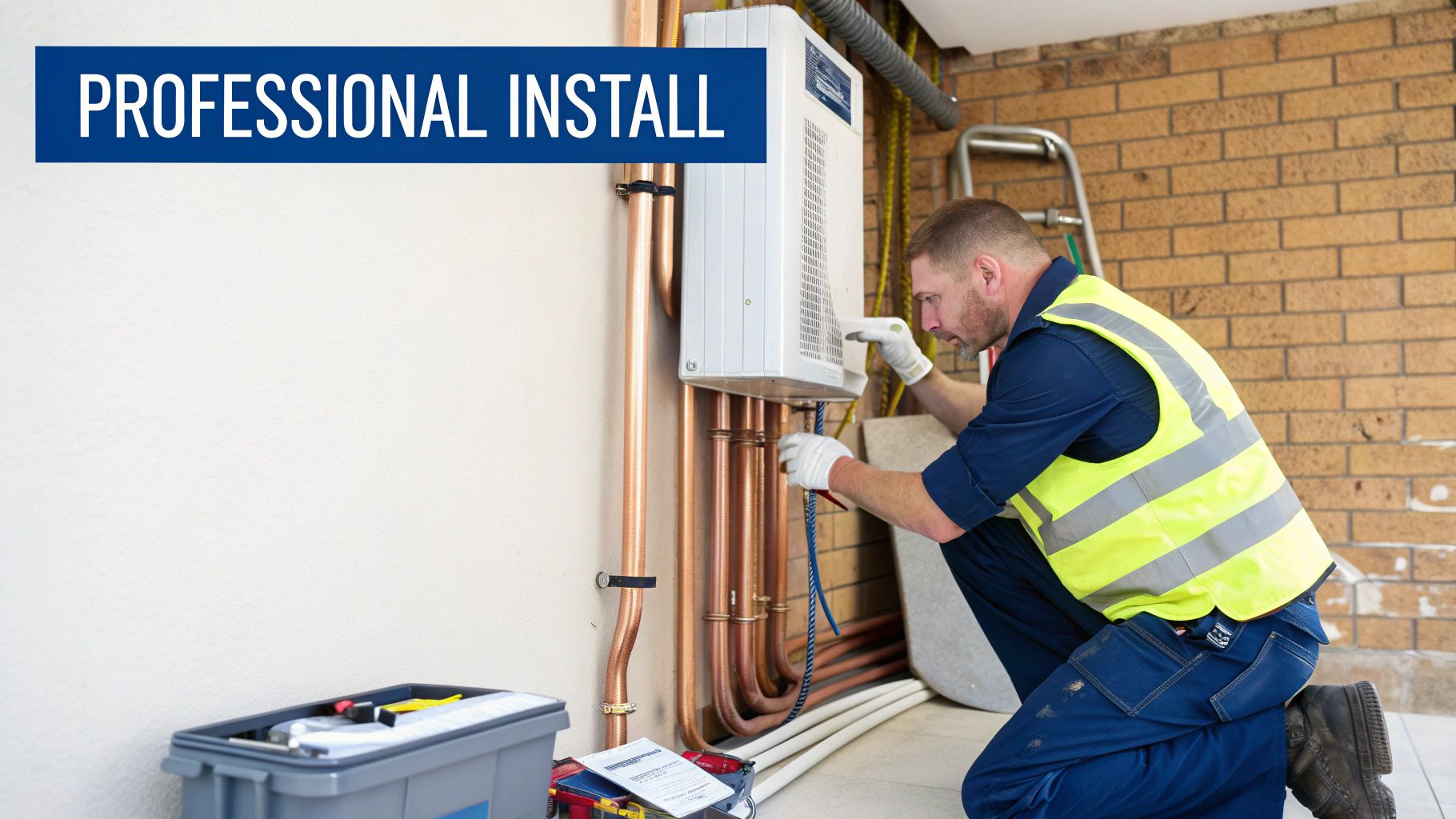 A technician in a high-visibility vest professionally installs a heating or cooling system.