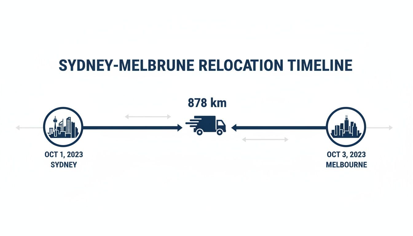Timeline showing a Sydney to Melbourne relocation of 878 km from October 1 to October 3, 2023.
