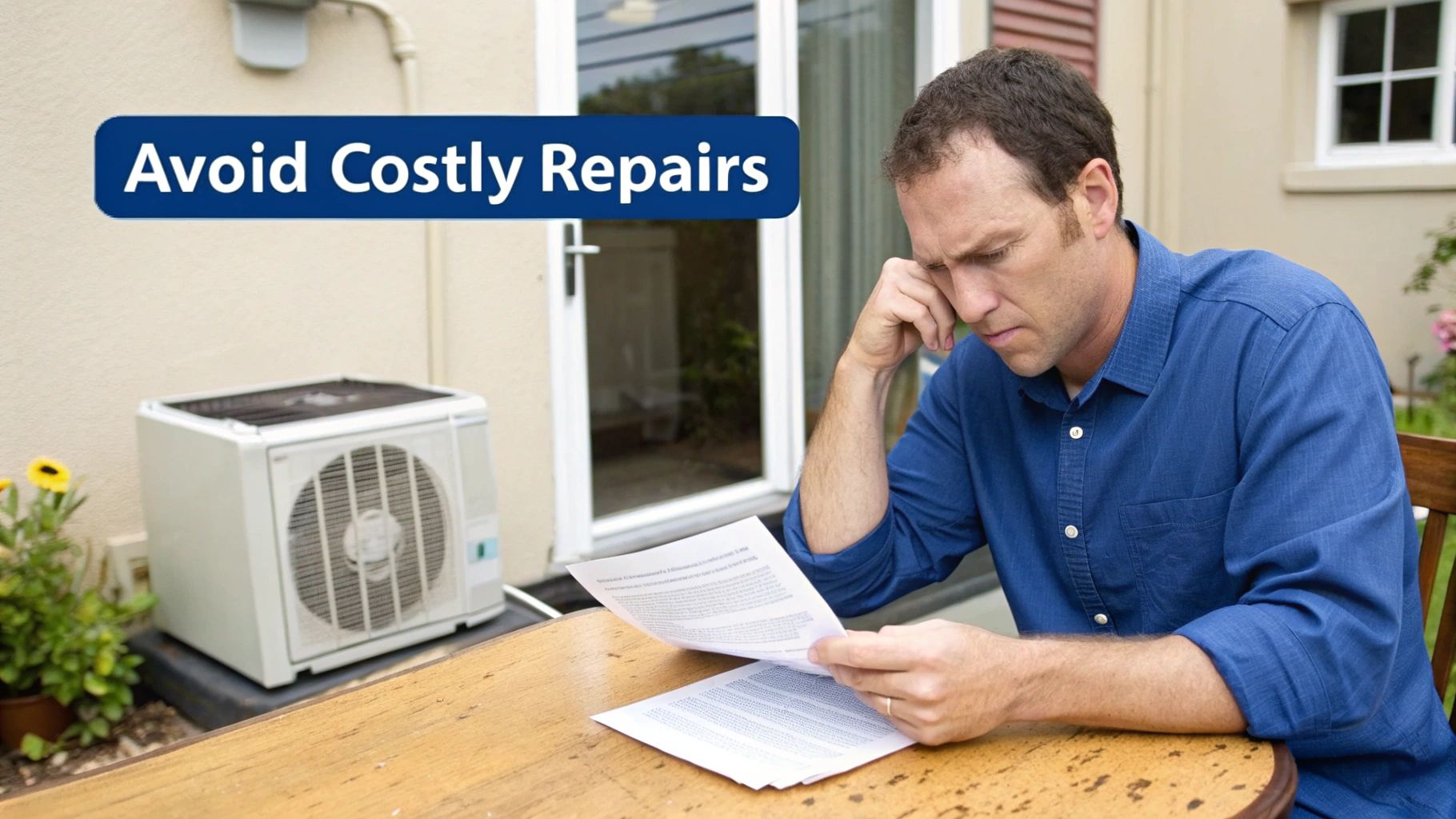 A concerned man reads documents next to an outdoor air conditioning unit, with a banner saying 'Avoid Costly Repairs'.