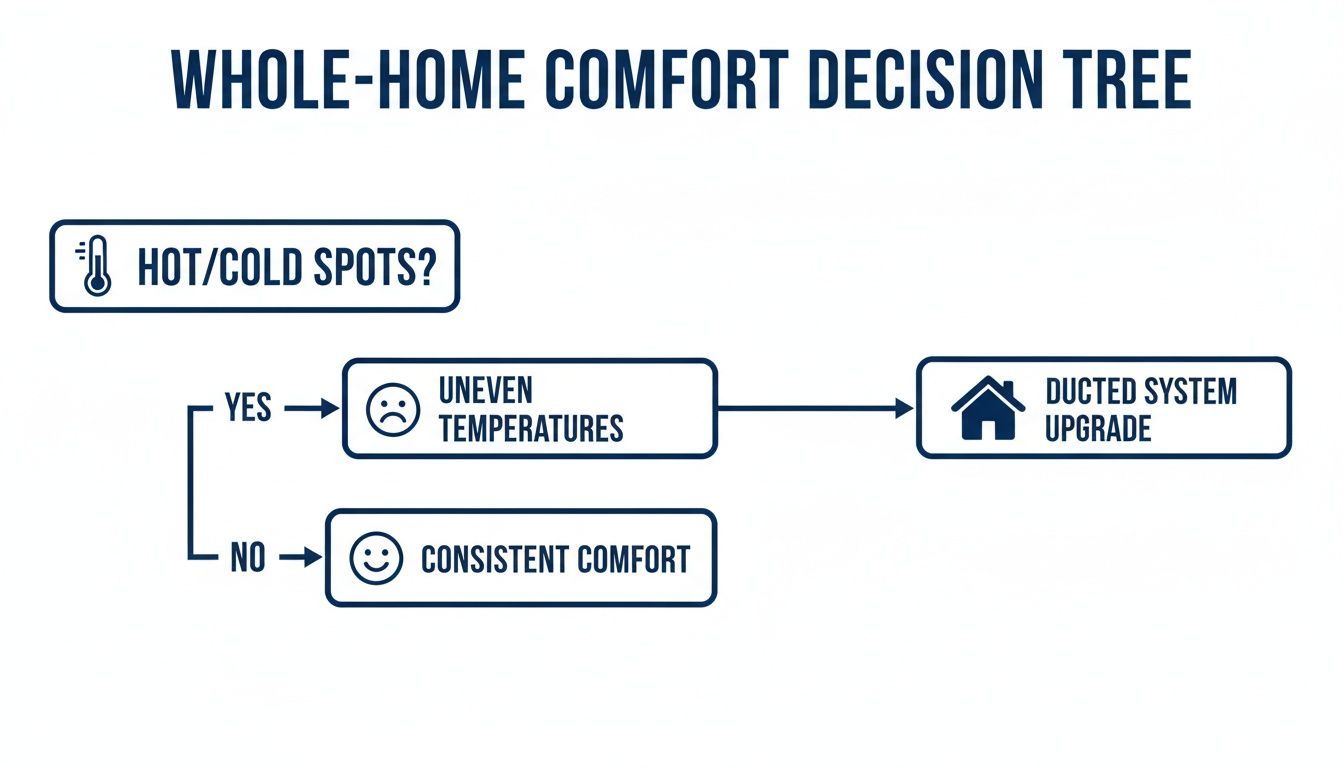 A decision tree for whole-home comfort, guiding from hot/cold spots to a ducted system upgrade.