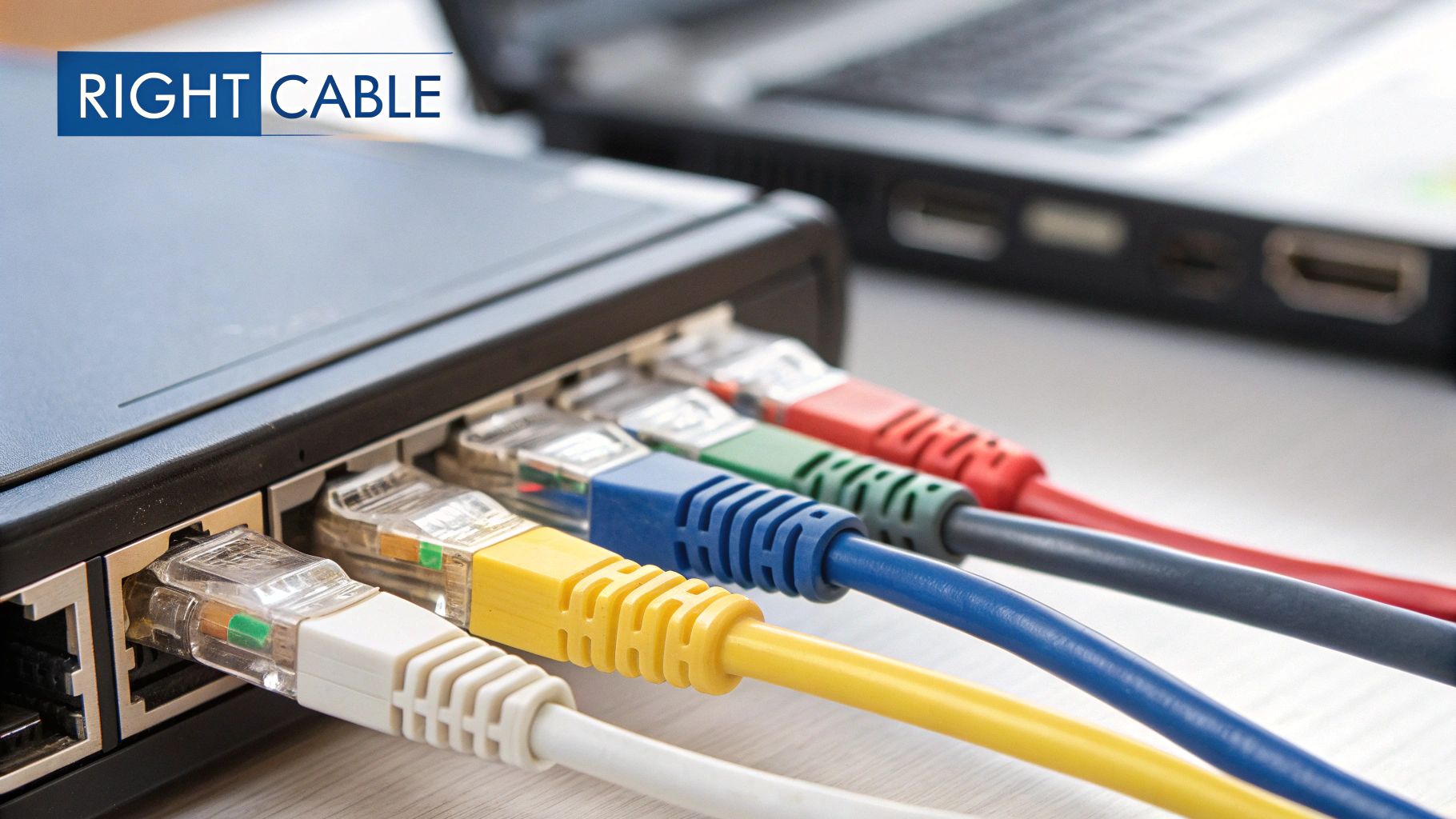 A close-up of different coloured network cables plugged into a switch