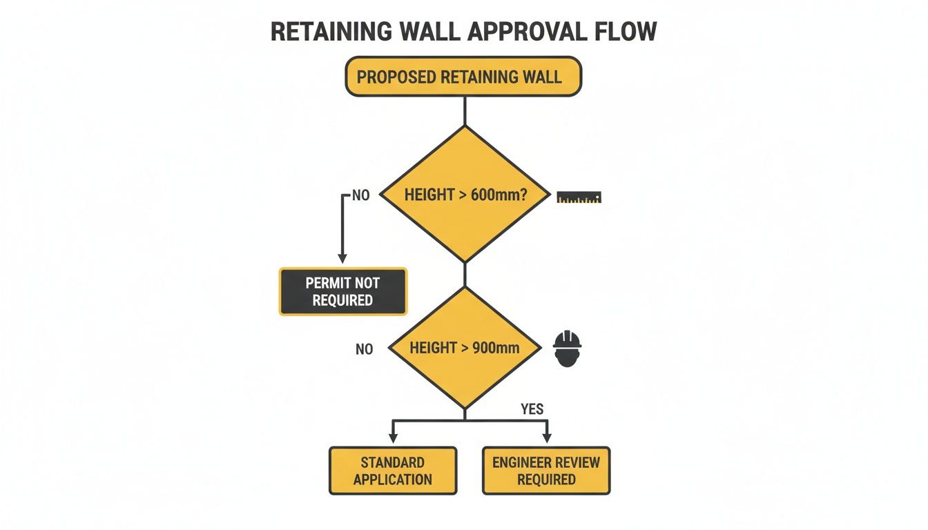 Flowchart illustrating the retaining wall approval process based on wall height, outlining permit and engineer review needs.