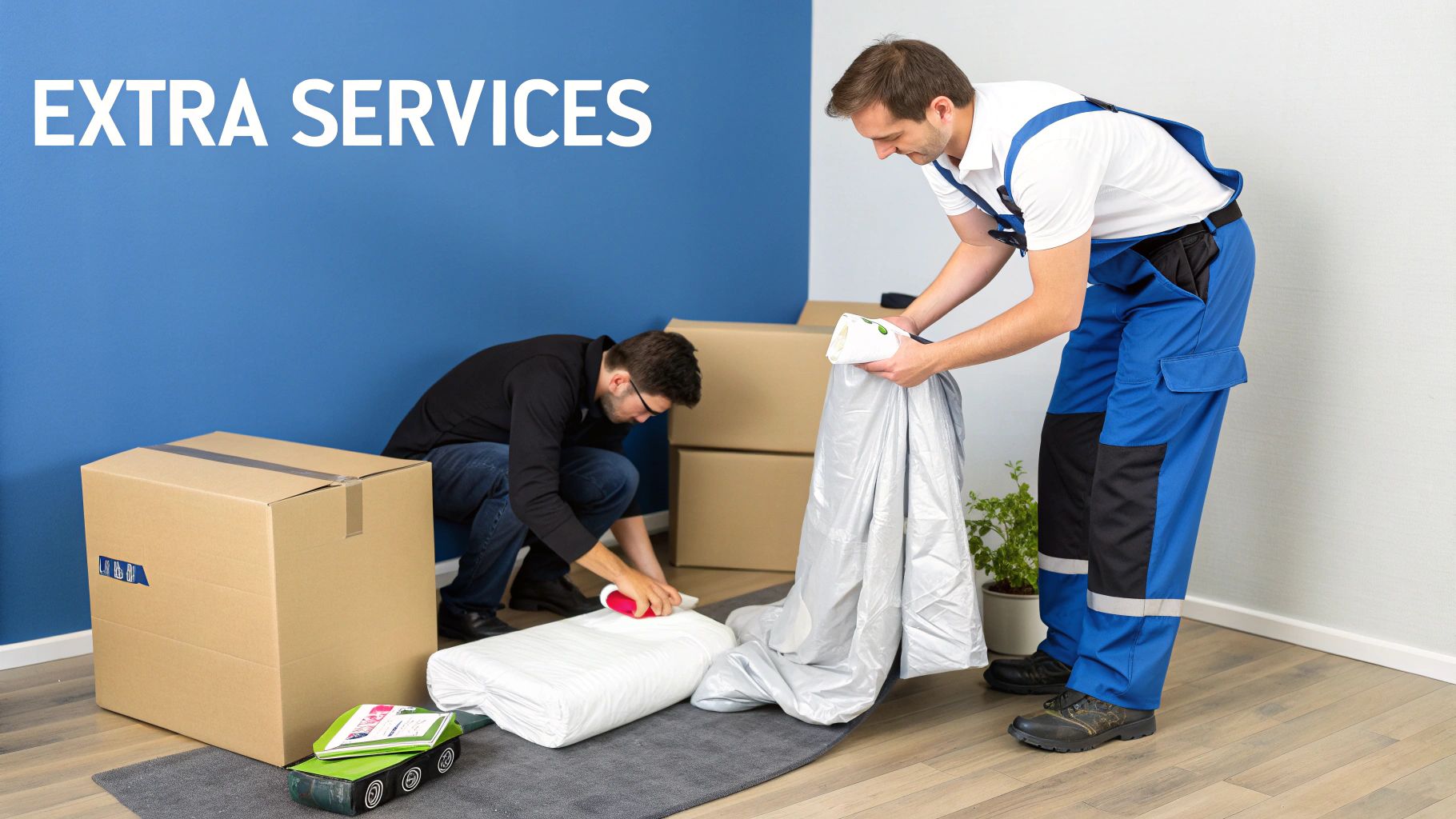 Two men professionally packing household items into bags and boxes for extra moving services.