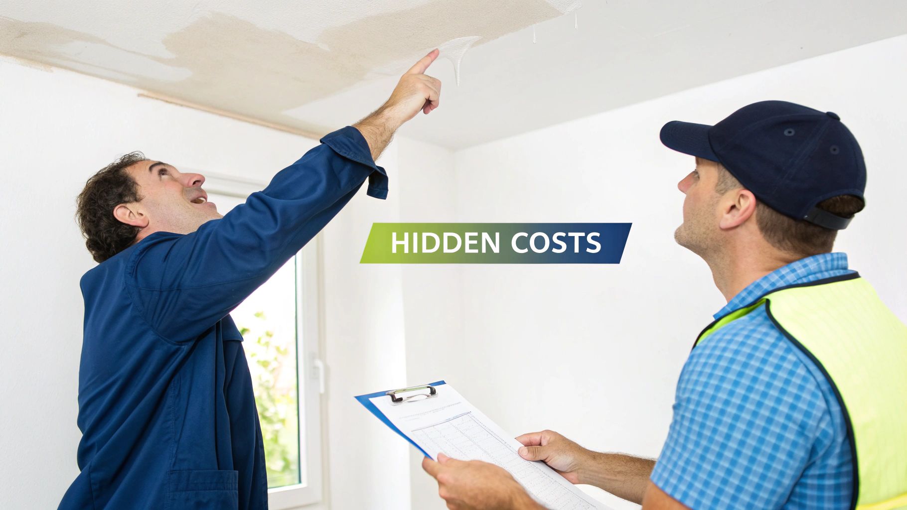 Two men inspecting a water-damaged ceiling, one pointing, the other holding a clipboard, with 'HIDDEN COSTS' text.