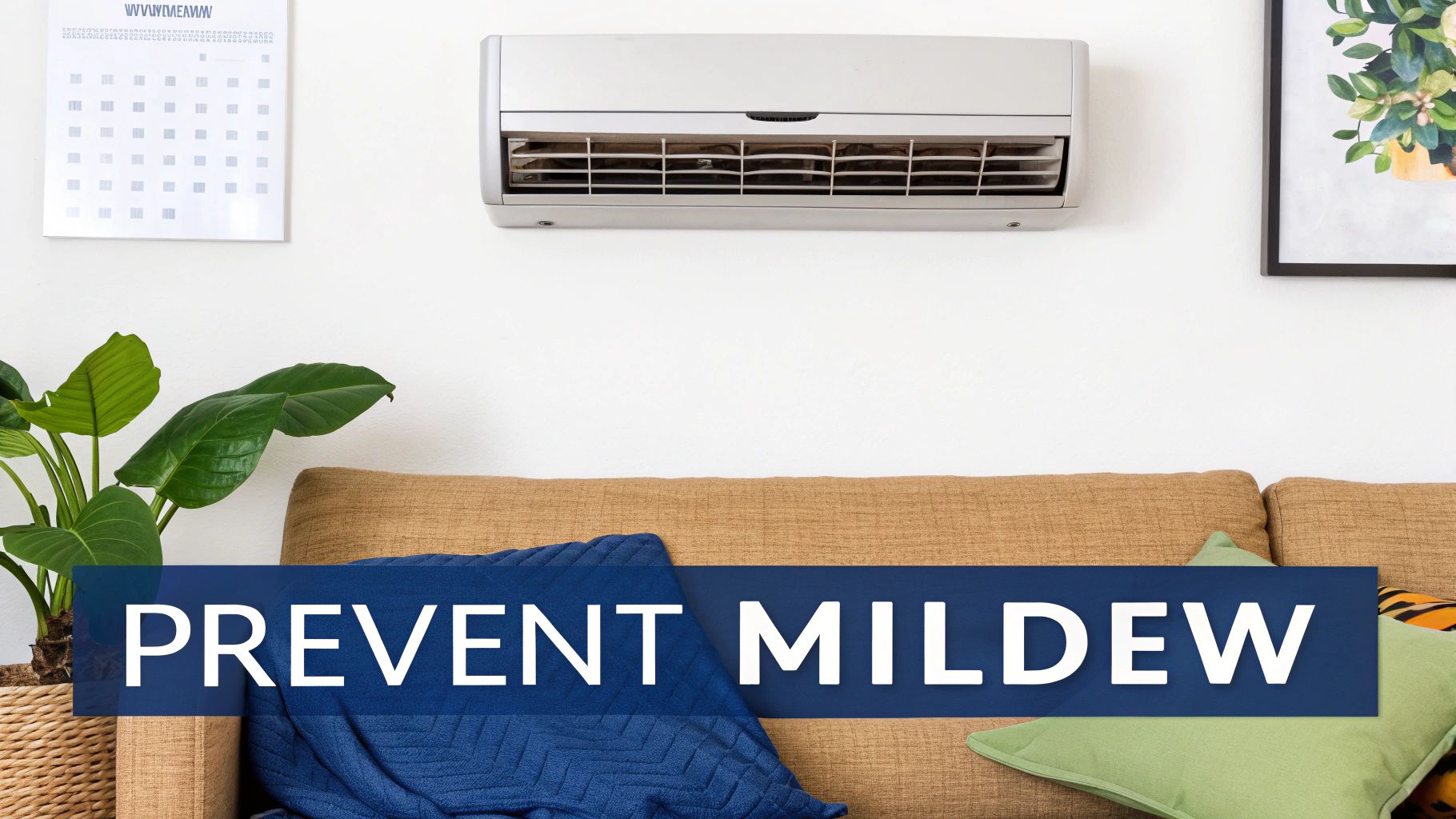 An indoor scene featuring an air conditioner above a couch, a plant, and a calendar, with a 'PREVENT MILDEW' overlay.