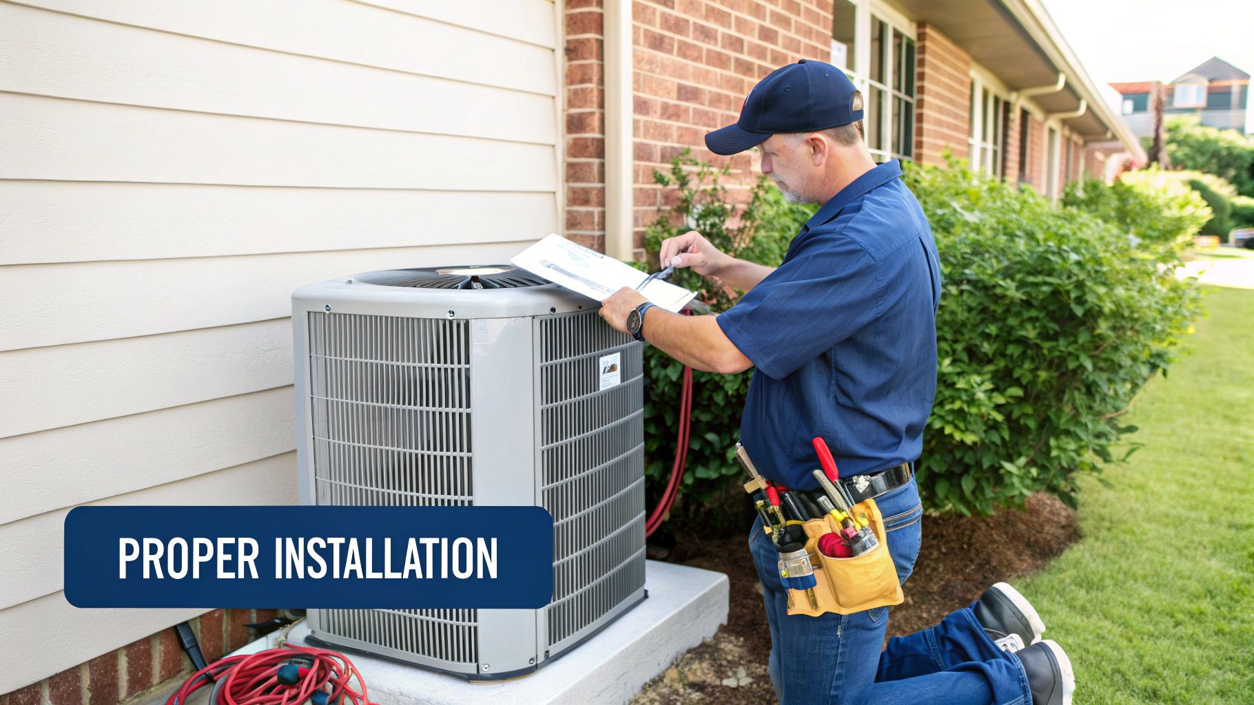 A male HVAC technician examines an outdoor air conditioning unit, ensuring proper installation.