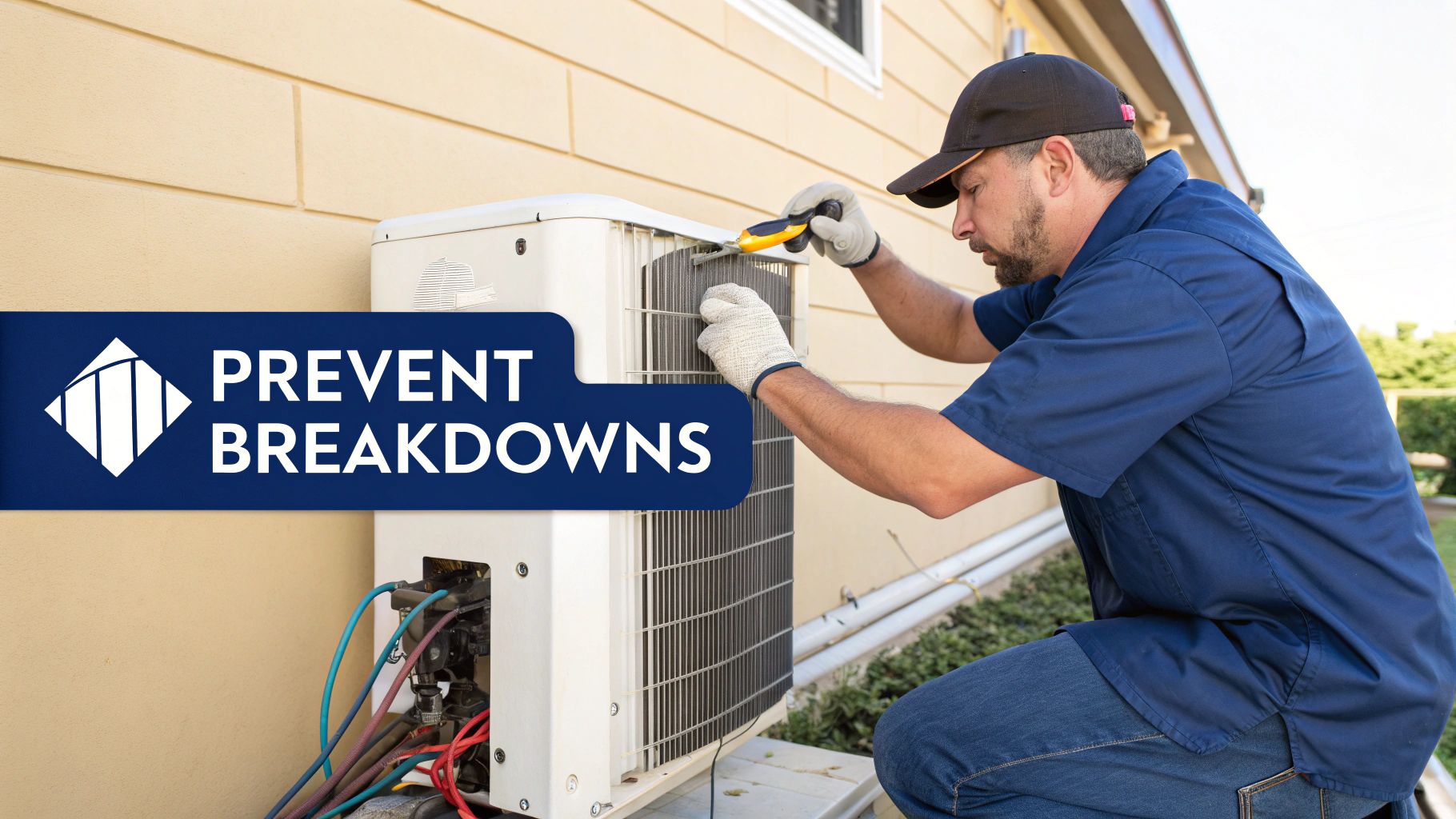 HVAC technician repairing an outdoor air conditioning unit with a blue banner saying 'PREVENT BREAKDOWNS'.
