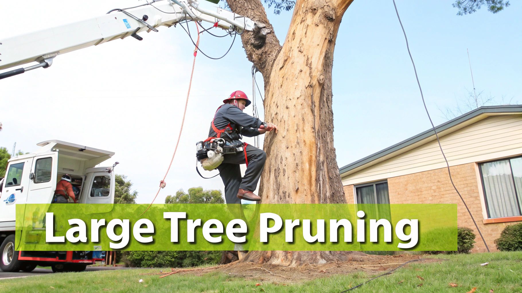 An arborist in safety gear climbs a large tree with a crane truck nearby, showing professional tree pruning.