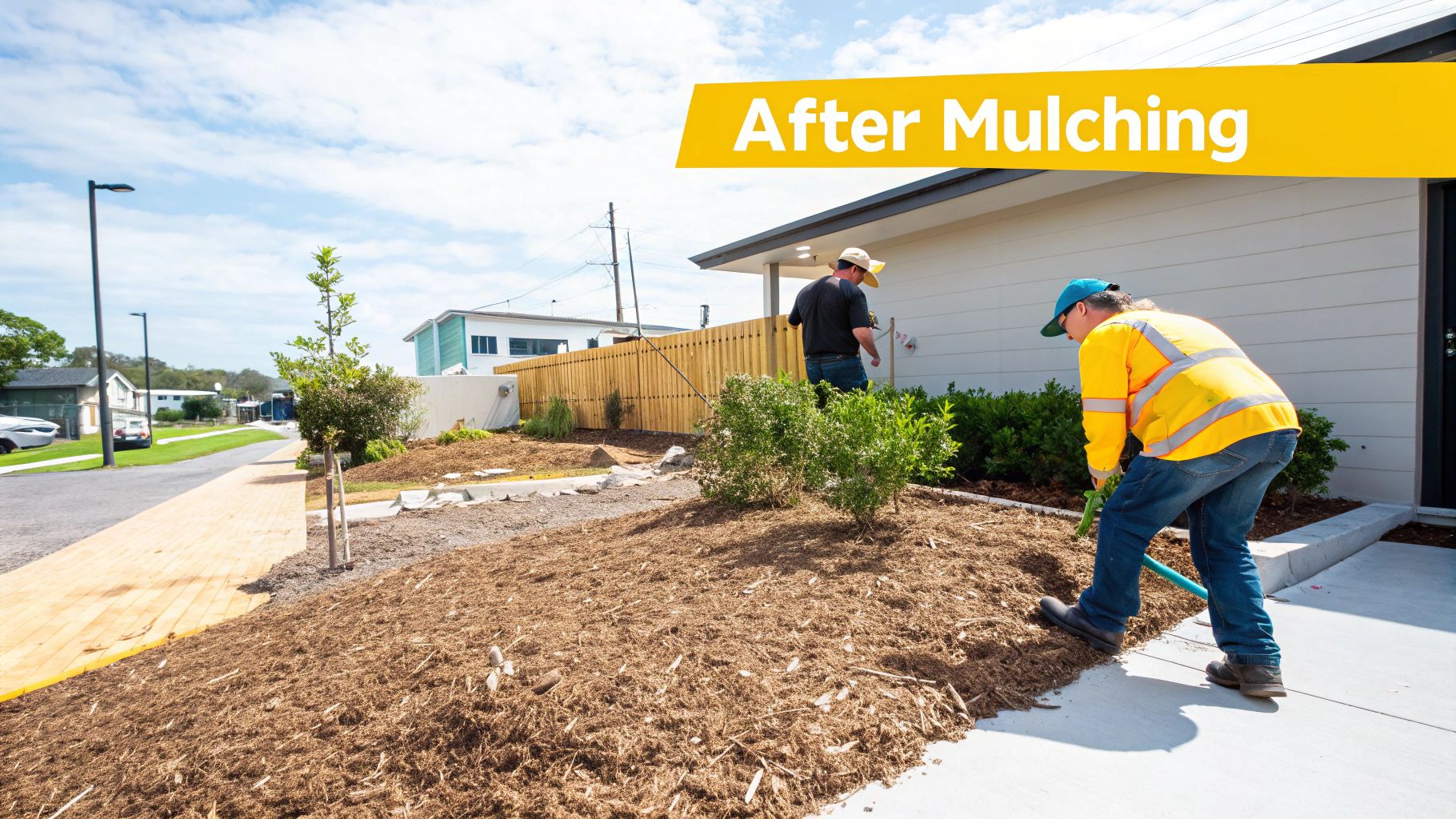 A freshly mulched property showing a neat blanket of wood chips covering the ground.