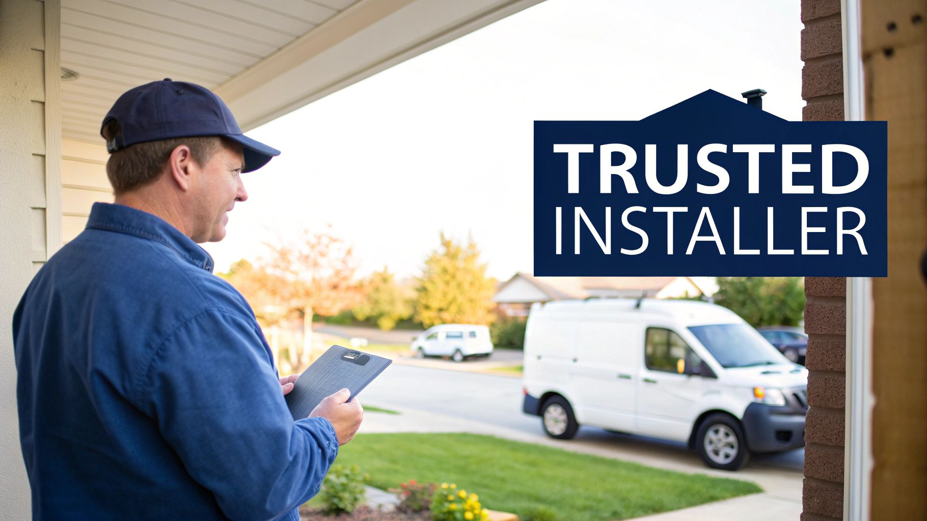 A trusted installer in a blue uniform holds a clipboard at a client's home, with a service van nearby.