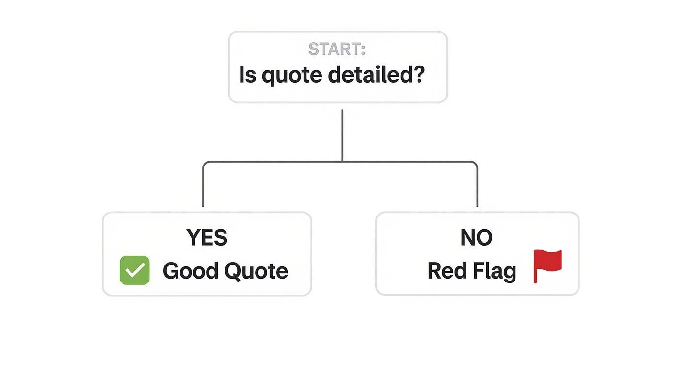 Infographic decision tree for retaining wall quotes, asking if the quote is detailed and branching to a good quote or a red flag.