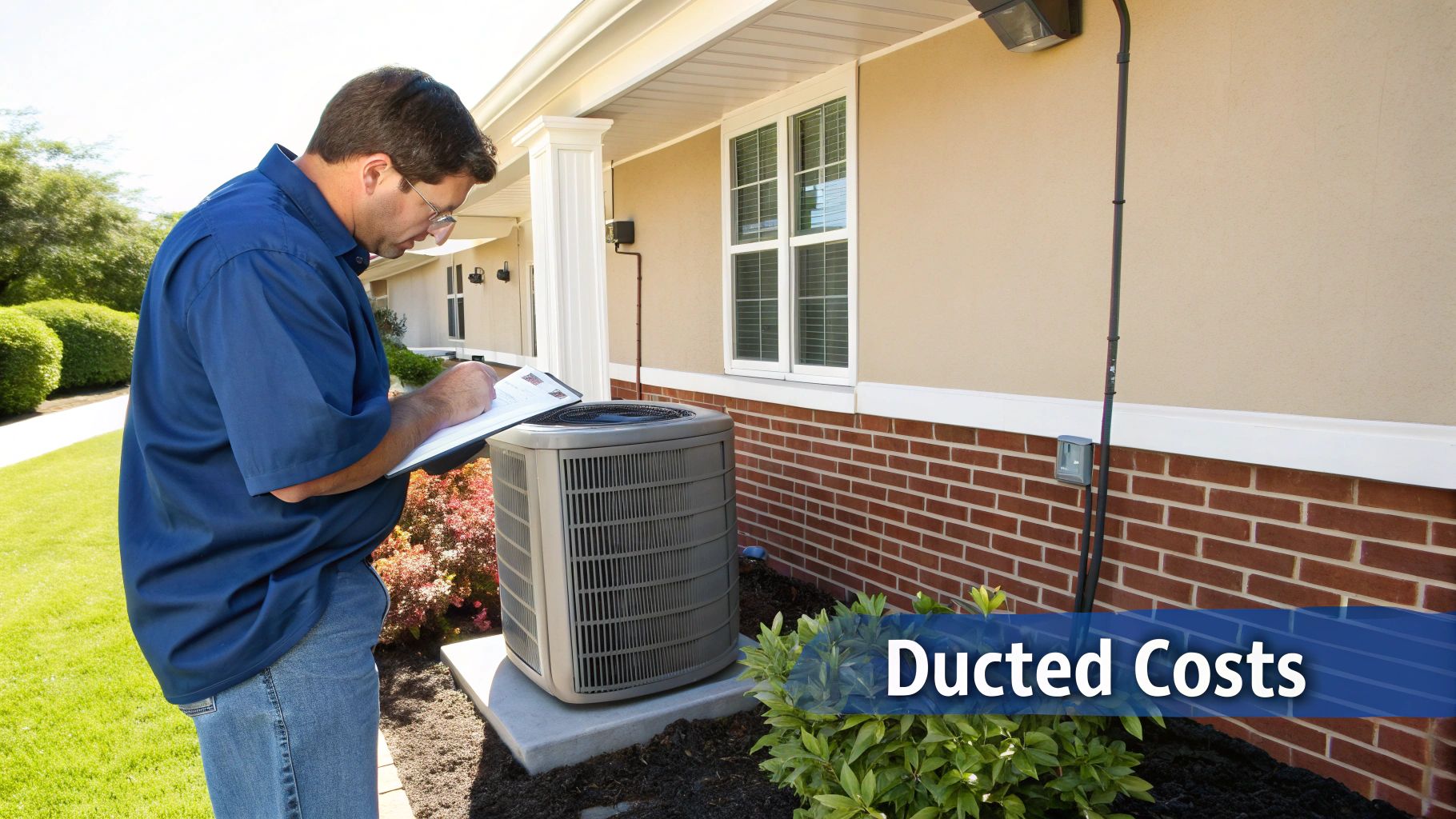 A technician inspects an outdoor air conditioning unit and takes notes on a clipboard next to a house.